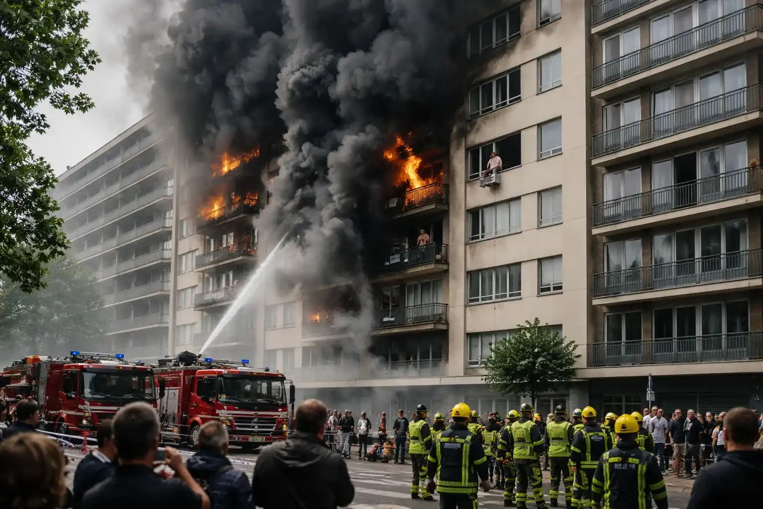Smoke billowing from a 10-storey apartment block in Antwerp where a fire killed at least six people.