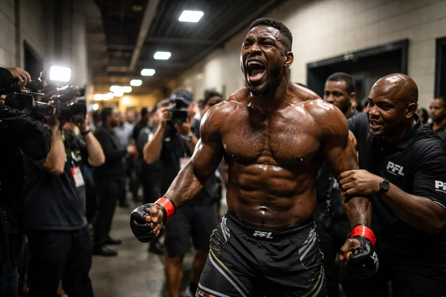 Francis Ngannou celebrating his knockout victory in the cage