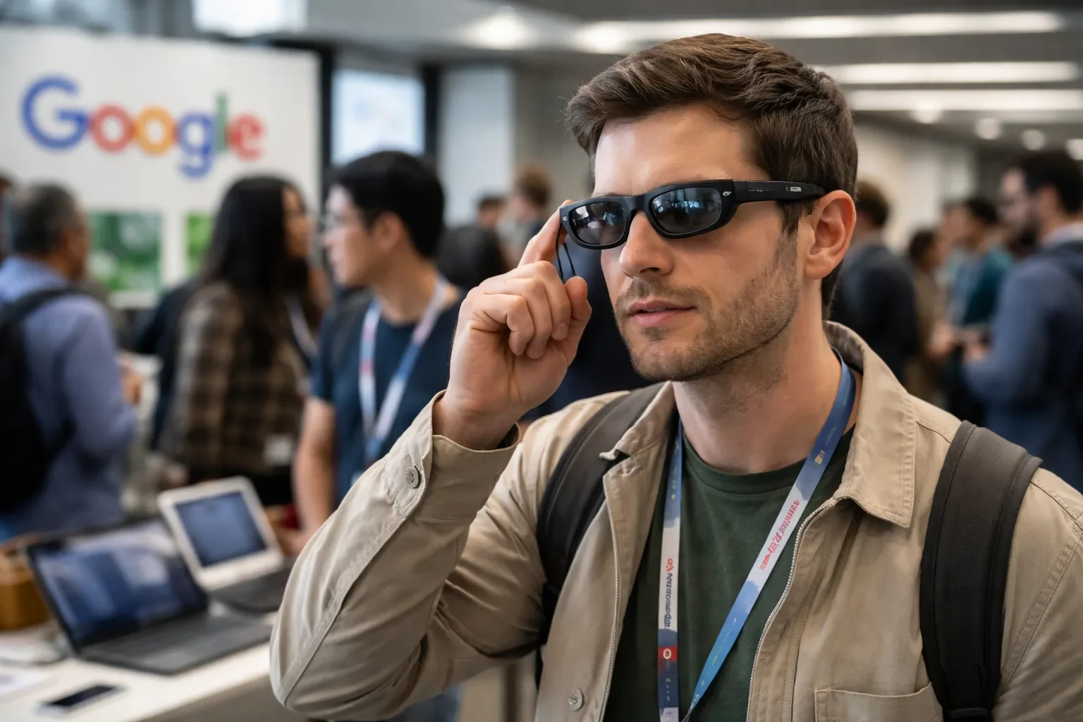 A Google manager previews AI-powered glasses with an integrated display at the Google I/O developer conference.