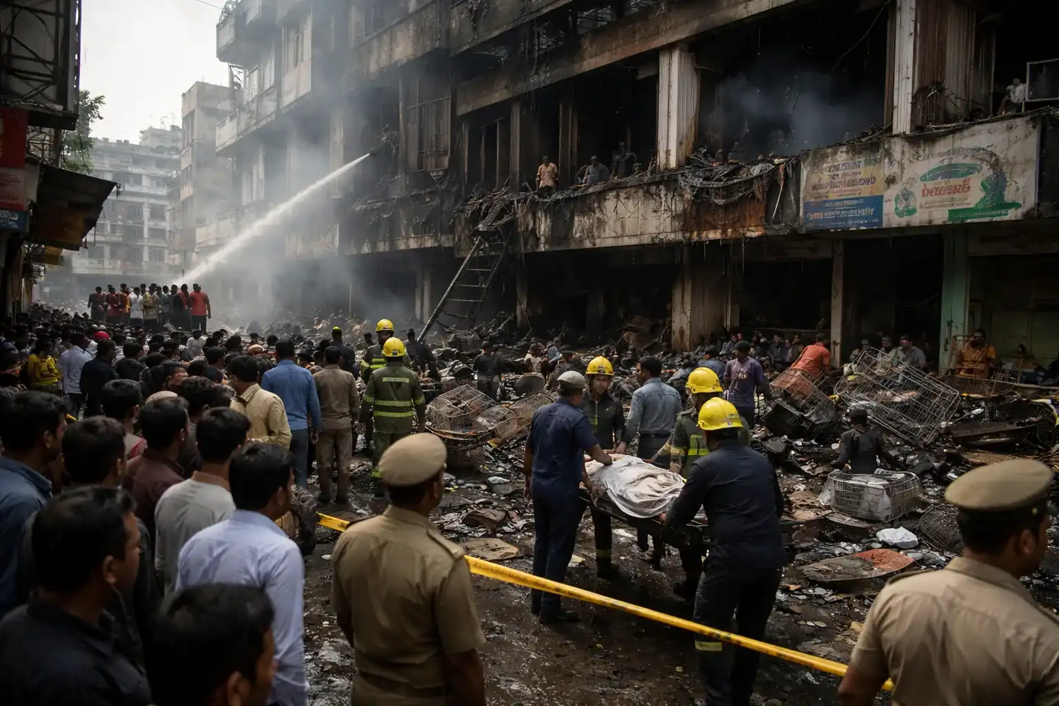 Firefighters and rescue workers at the scene of a fatal commercial building fire in Lucknow, India.