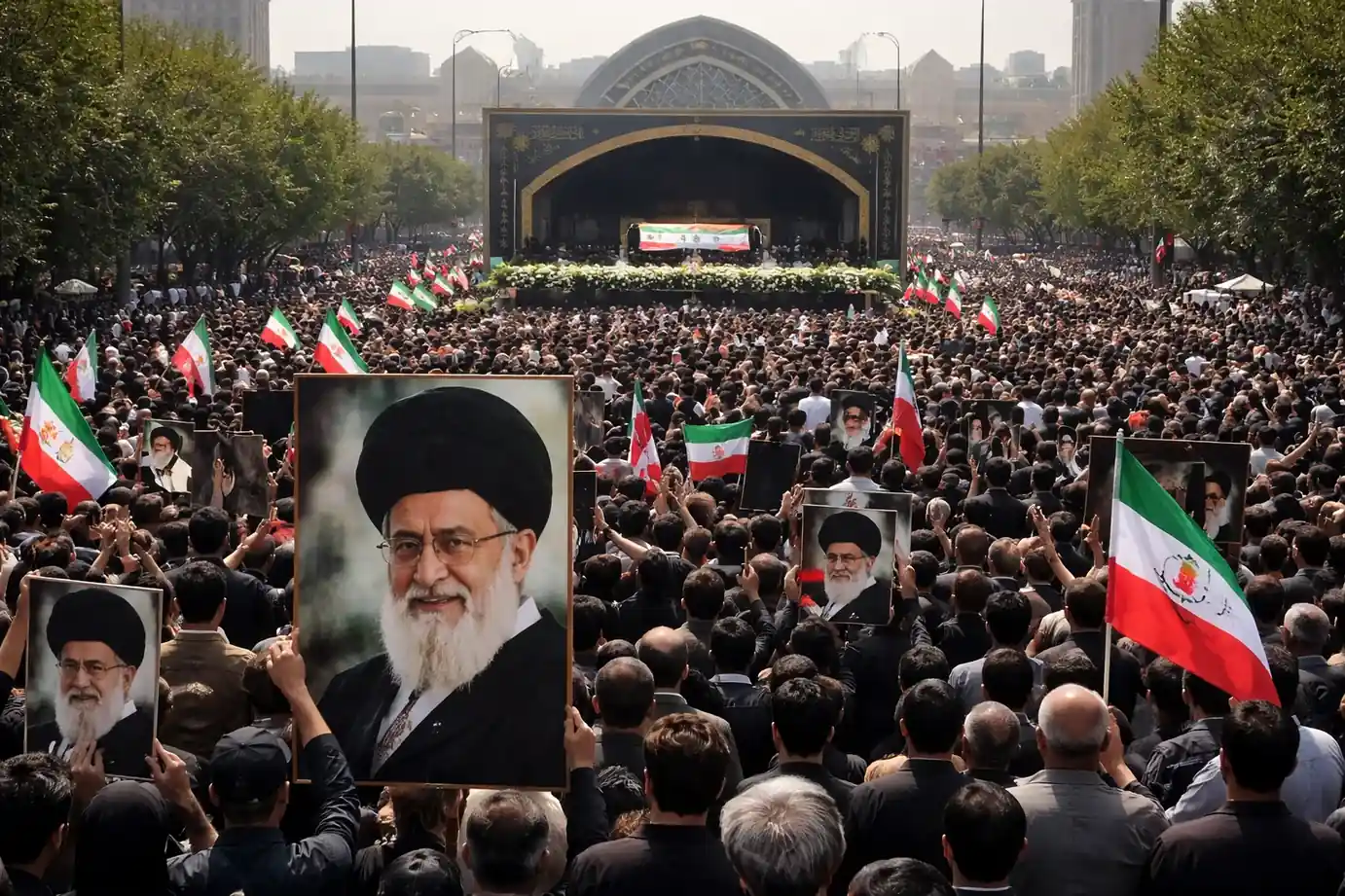 A massive crowd of mourners gathered at the Grand Mosalla in Tehran to pay their respects to the late Ayatollah Ali Khamenei.