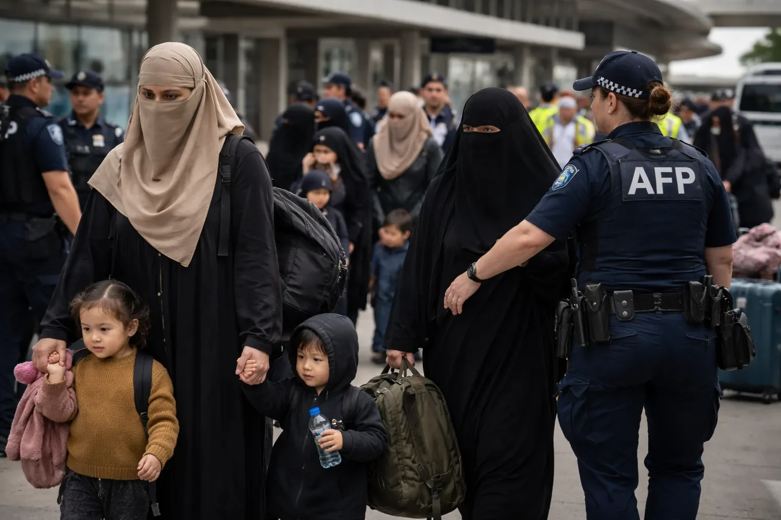 Security and police presence at an Australian airport following the arrival of returnees from Syria.
