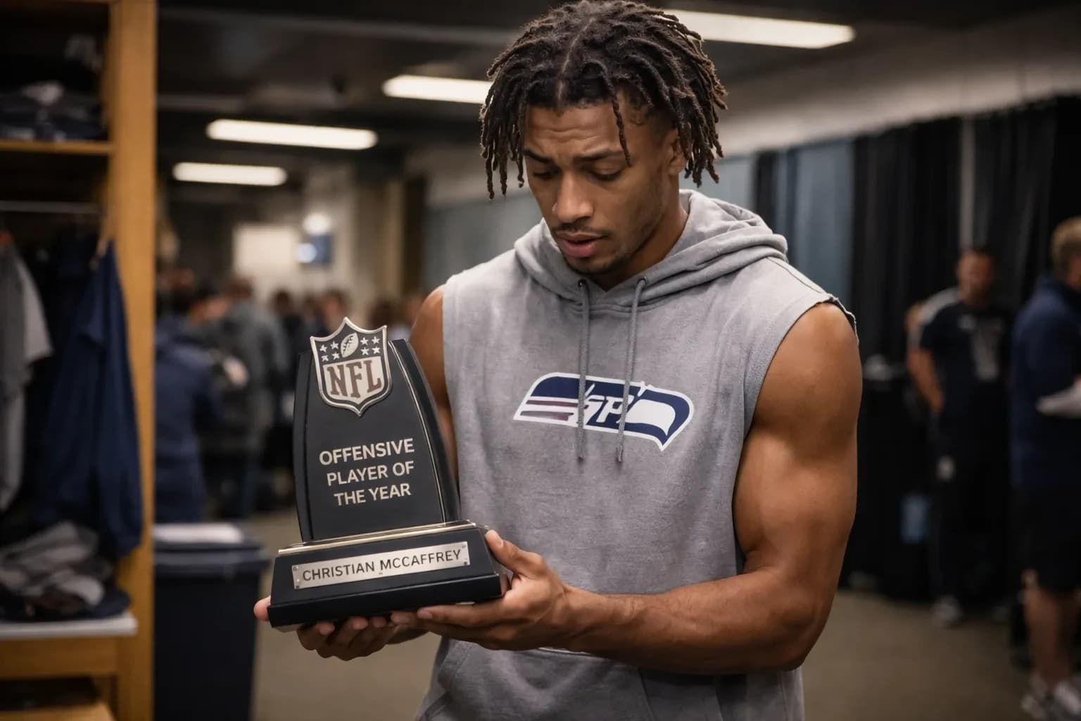 Close-up of an NFL trophy base with misspelled or incorrect player nameplate