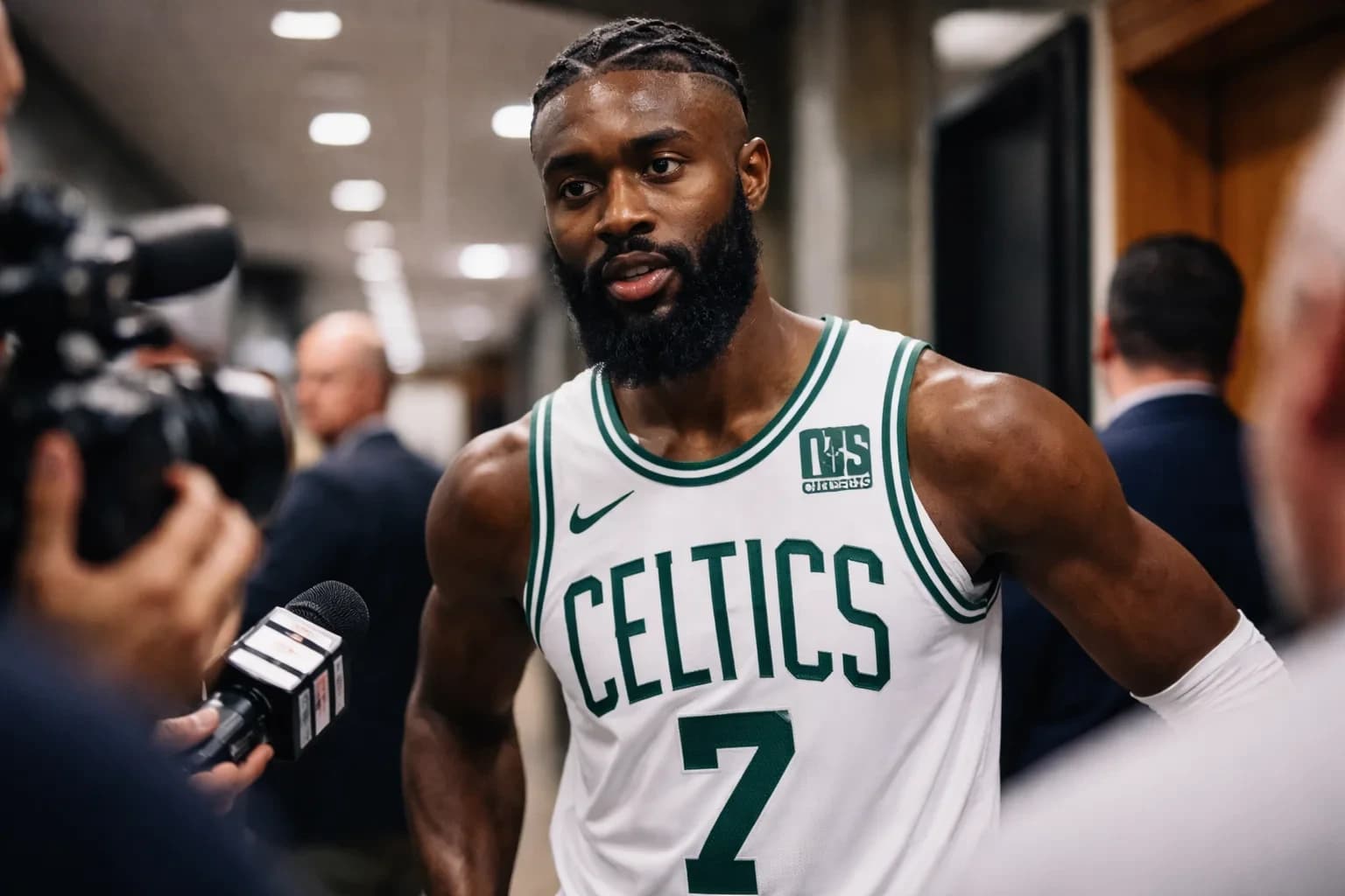 Jaylen Brown of the Boston Celtics during a press conference