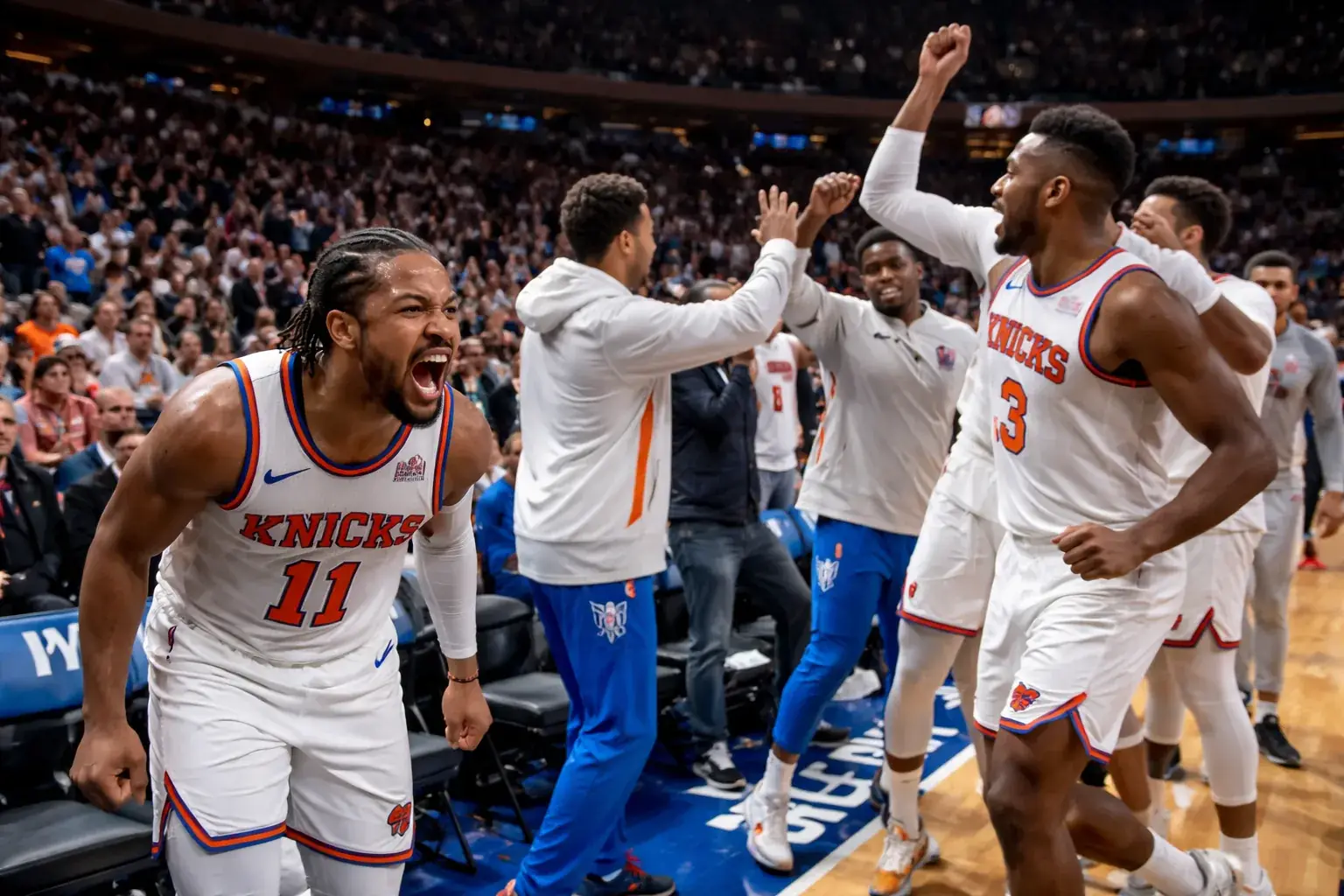 Jalen Brunson of the New York Knicks drives to the basket against the Atlanta Hawks defense during the 2026 Eastern Conference Playoffs.