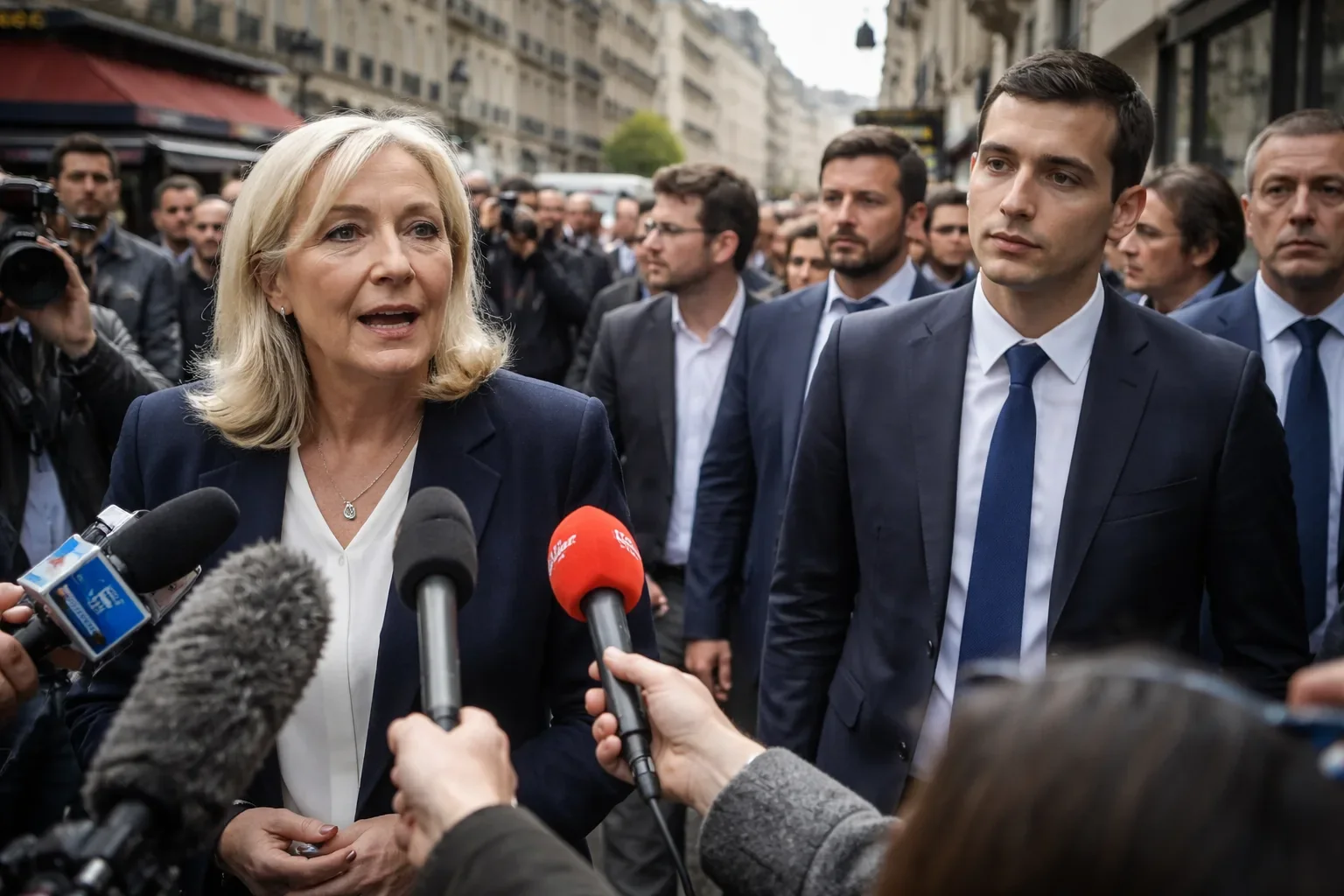 Marine Le Pen and Jordan Bardella appearing together at a campaign event in La Fleche.