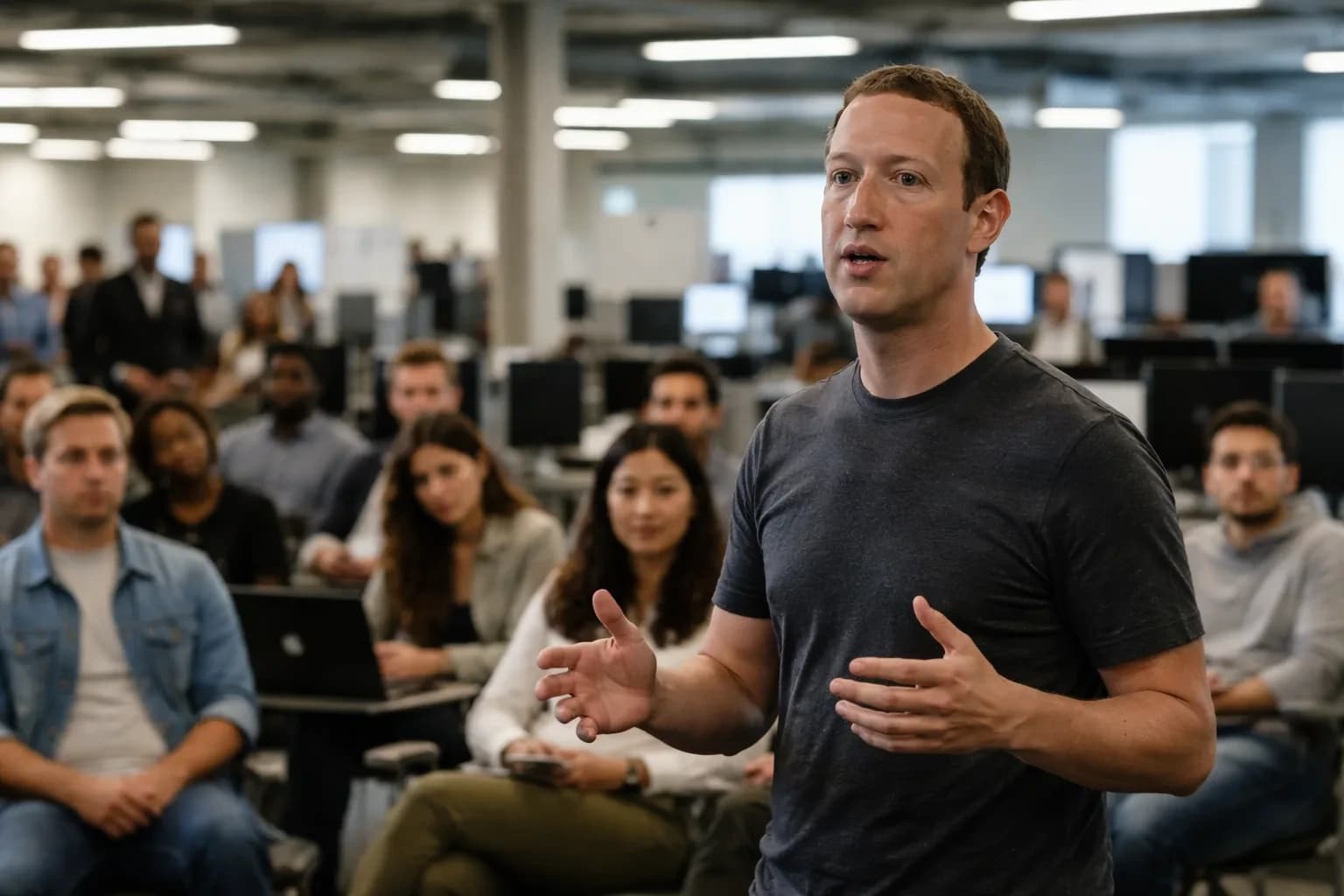 Mark Zuckerberg speaking at an internal town hall event regarding the pace of AI agent development at Meta.