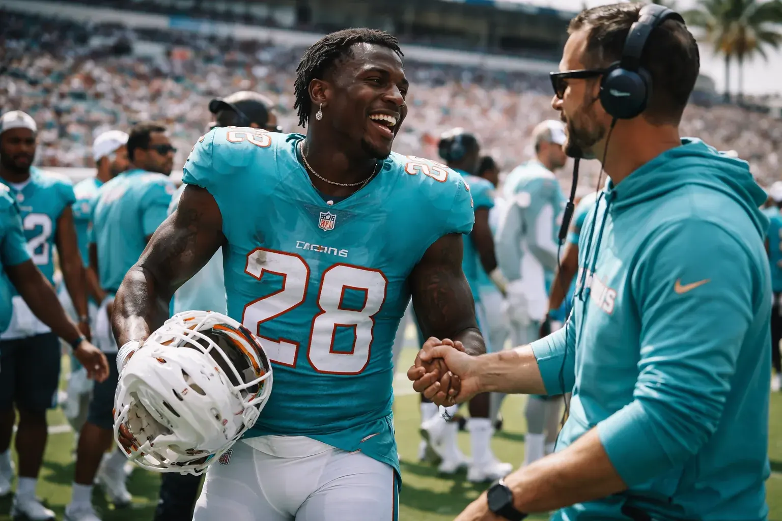 Miami Dolphins running back De'Von Achane in action during an NFL game.