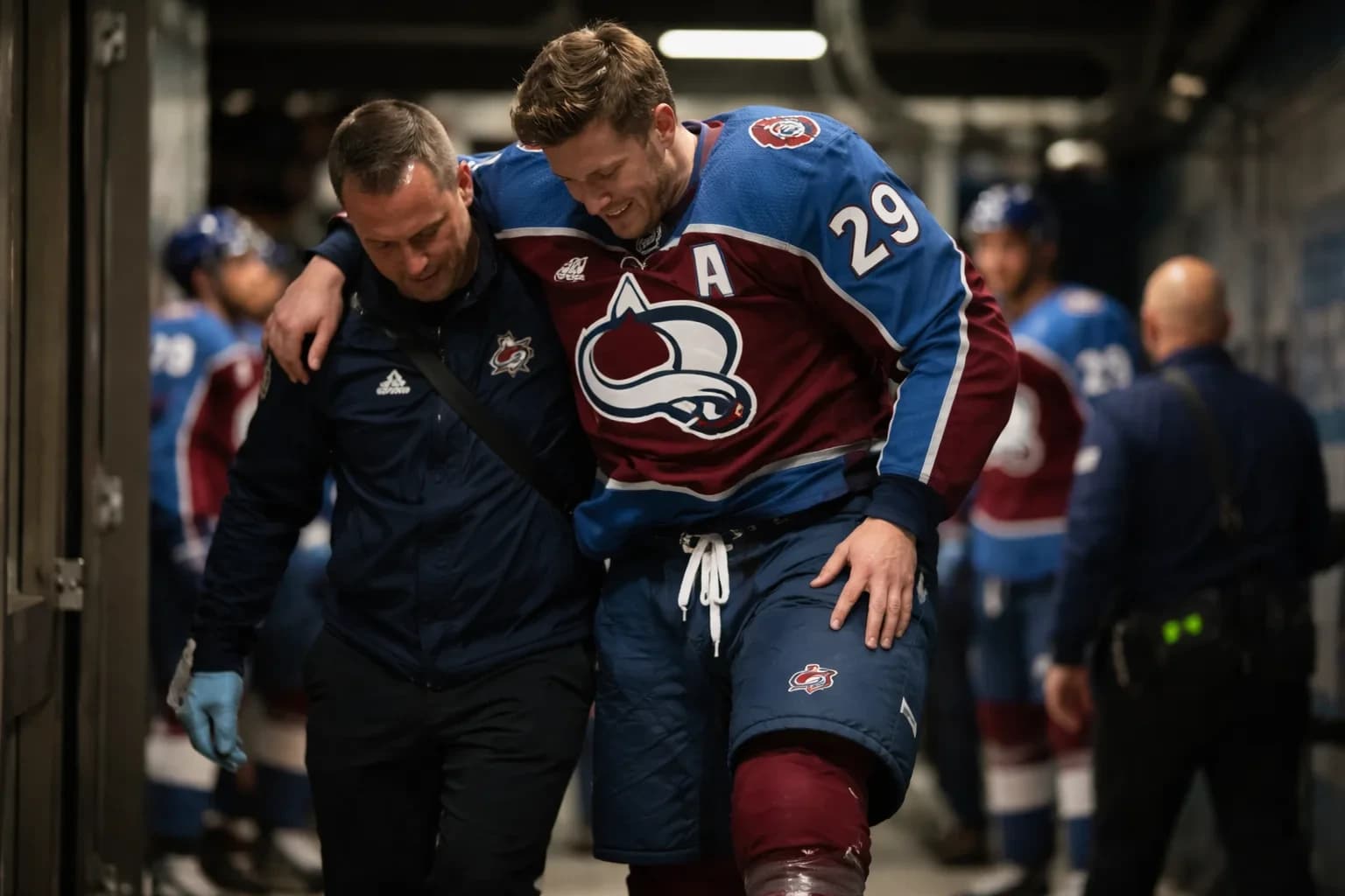 Nathan MacKinnon of the Colorado Avalanche looks on during a postseason game.