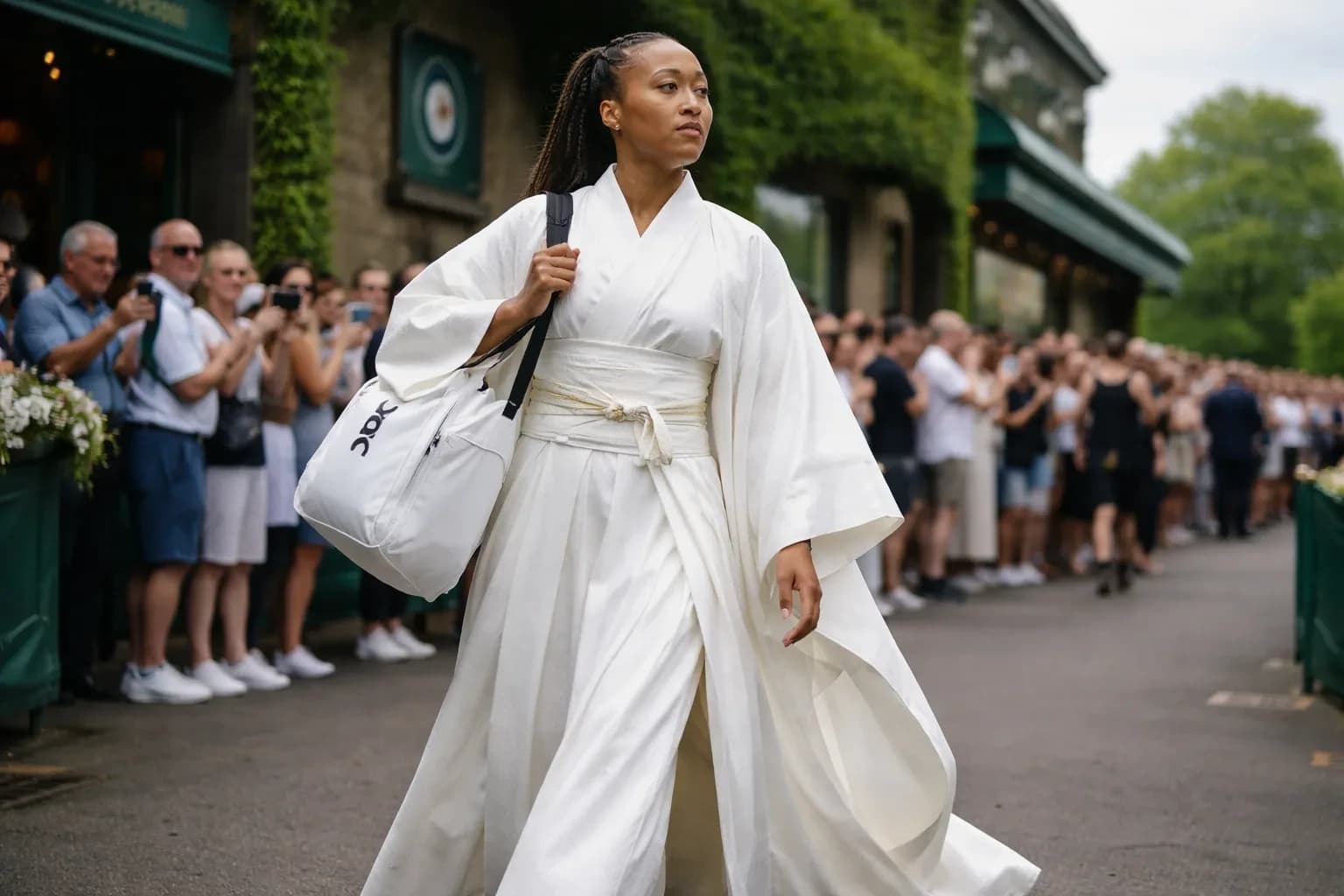 Naomi Osaka wearing an all-white kimono at Wimbledon 2024