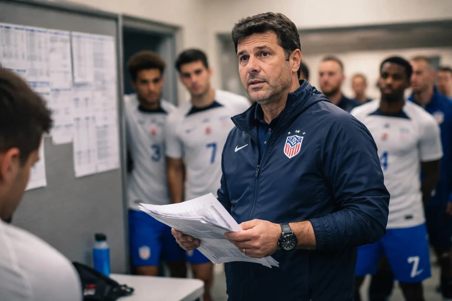 Mauricio Pochettino gestures on the sidelines during a USMNT training session.