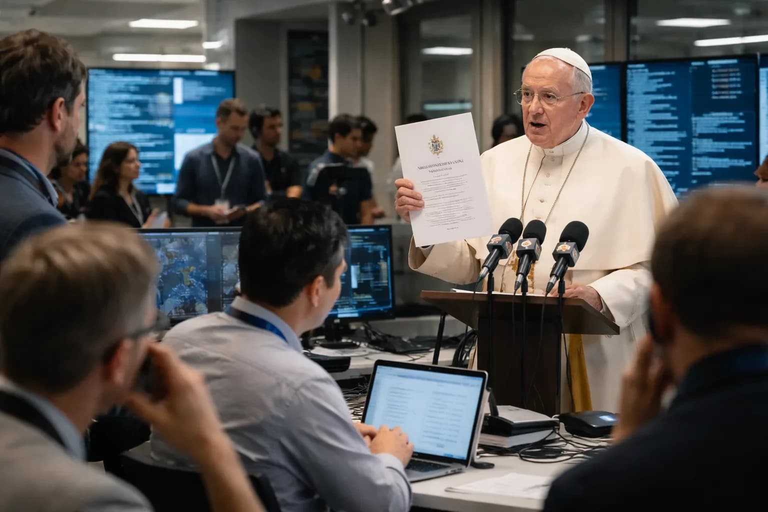 Pope Leo XIV presenting the Magnifica Humanitas encyclical alongside tech industry representatives.