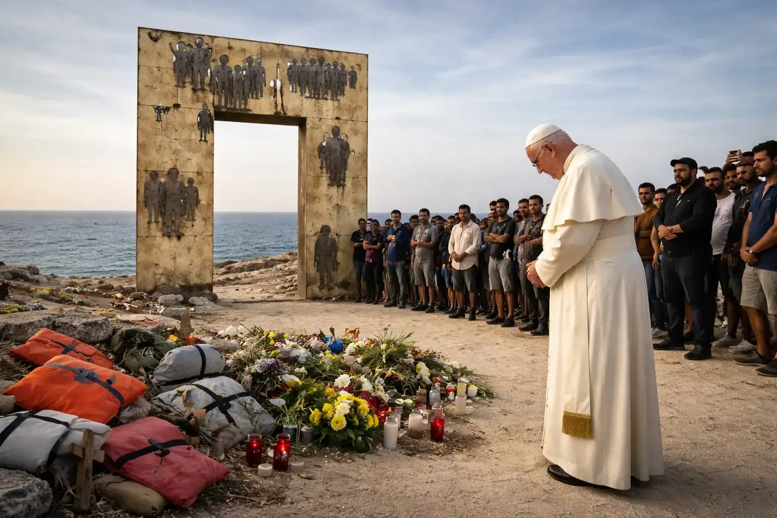Pope Leo XIV at the Gate of Europe monument in Lampedusa honoring migrants who died at sea.