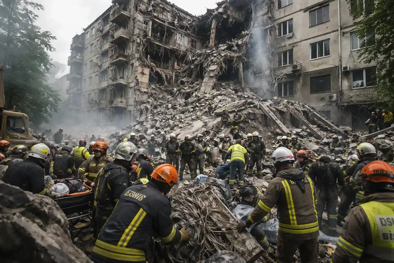 Rescuers at a damaged apartment building in Kyiv following Russian strikes