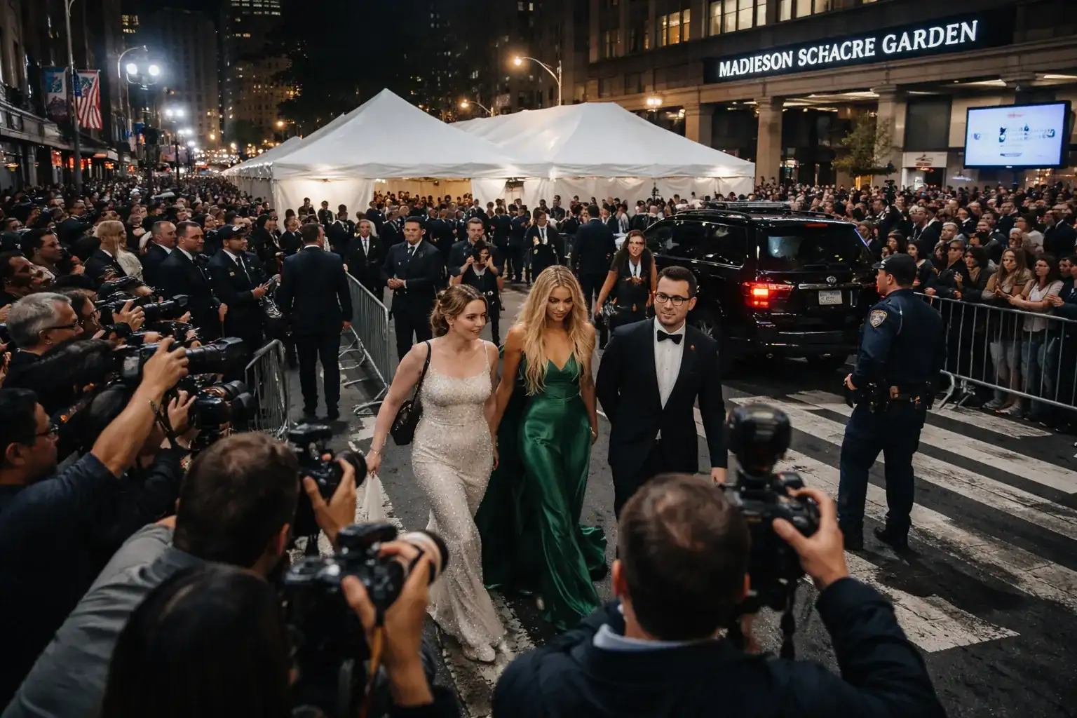 Heavy police presence and media crews gathered outside Madison Square Garden during a heatwave for the Swift-Kelce event.