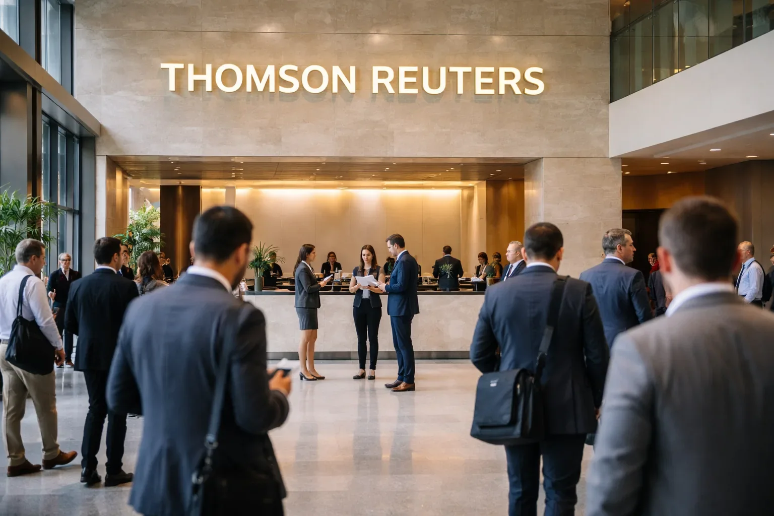 Thomson Reuters logo on a digital screen displaying financial growth charts.
