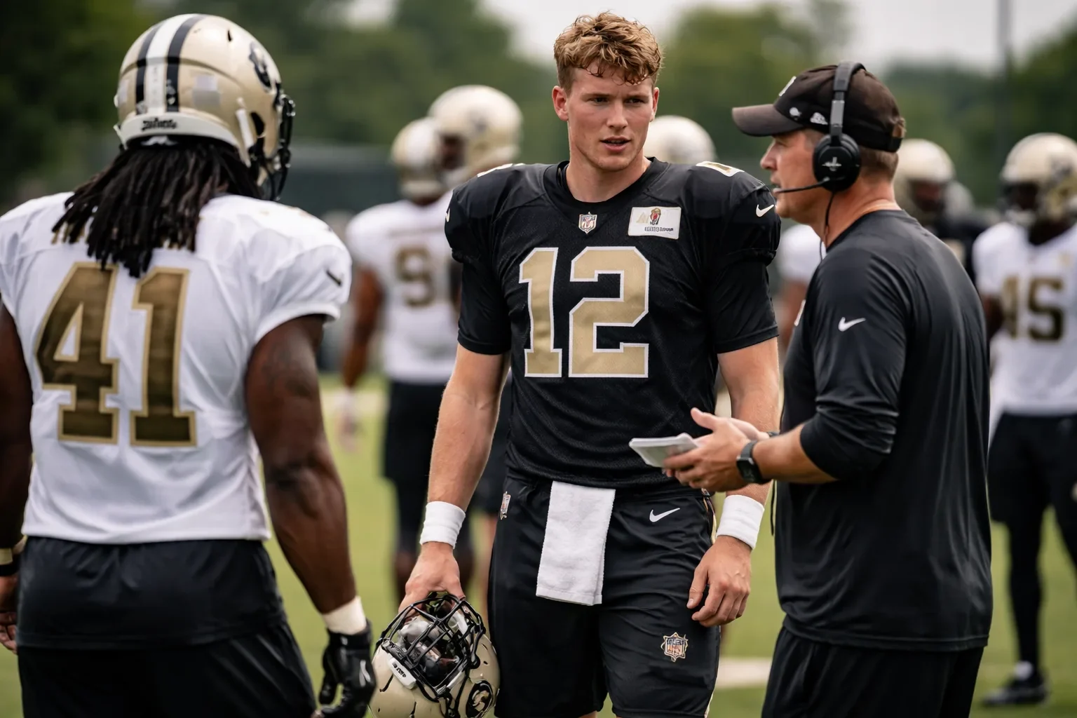 New Orleans Saints quarterback Tyler Shough during an NFL practice session.