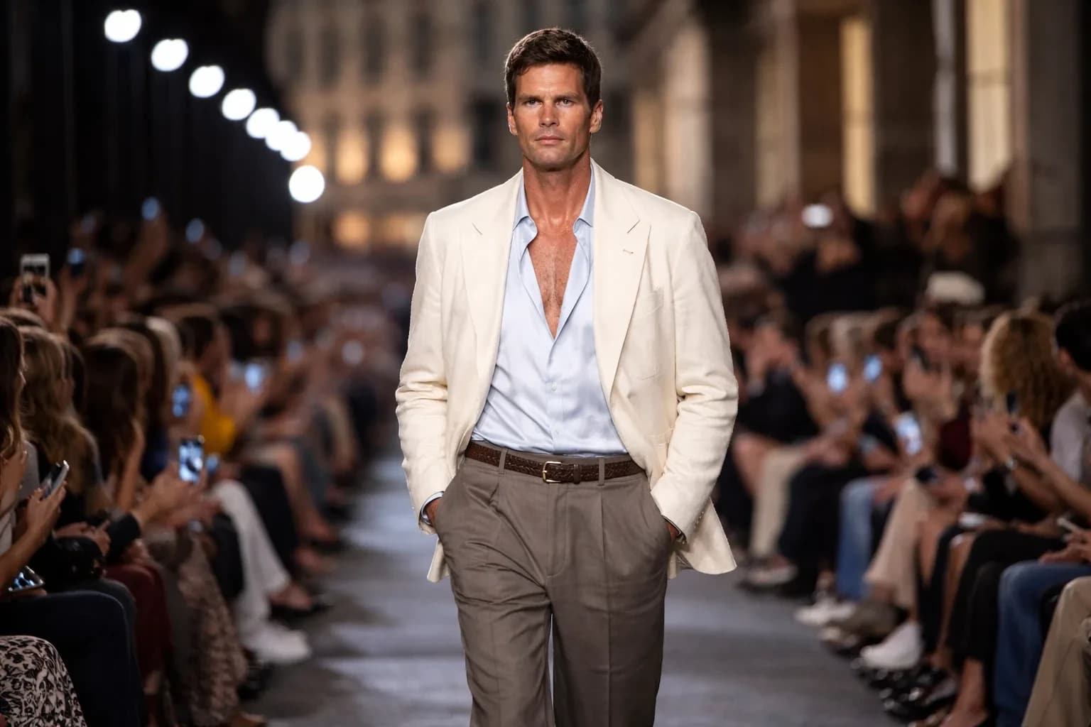 Tom Brady modeling a look on the Gucci Resort 2027 runway in New York City