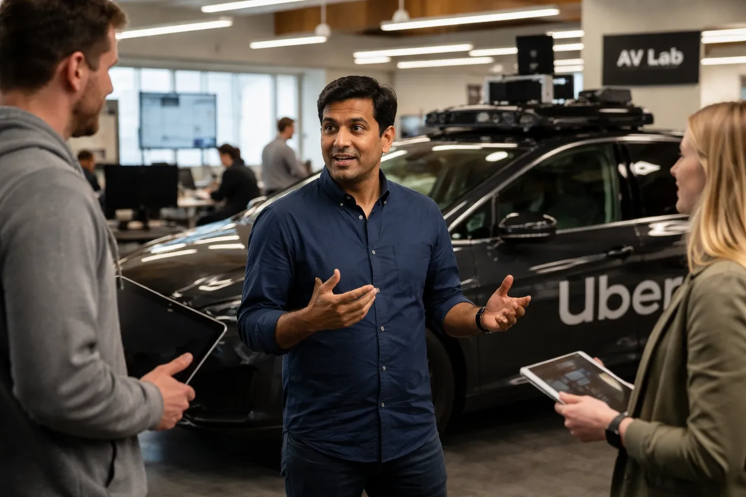 A fleet of Uber vehicles including a representation of autonomous sensor-equipped cars used by AV Labs.