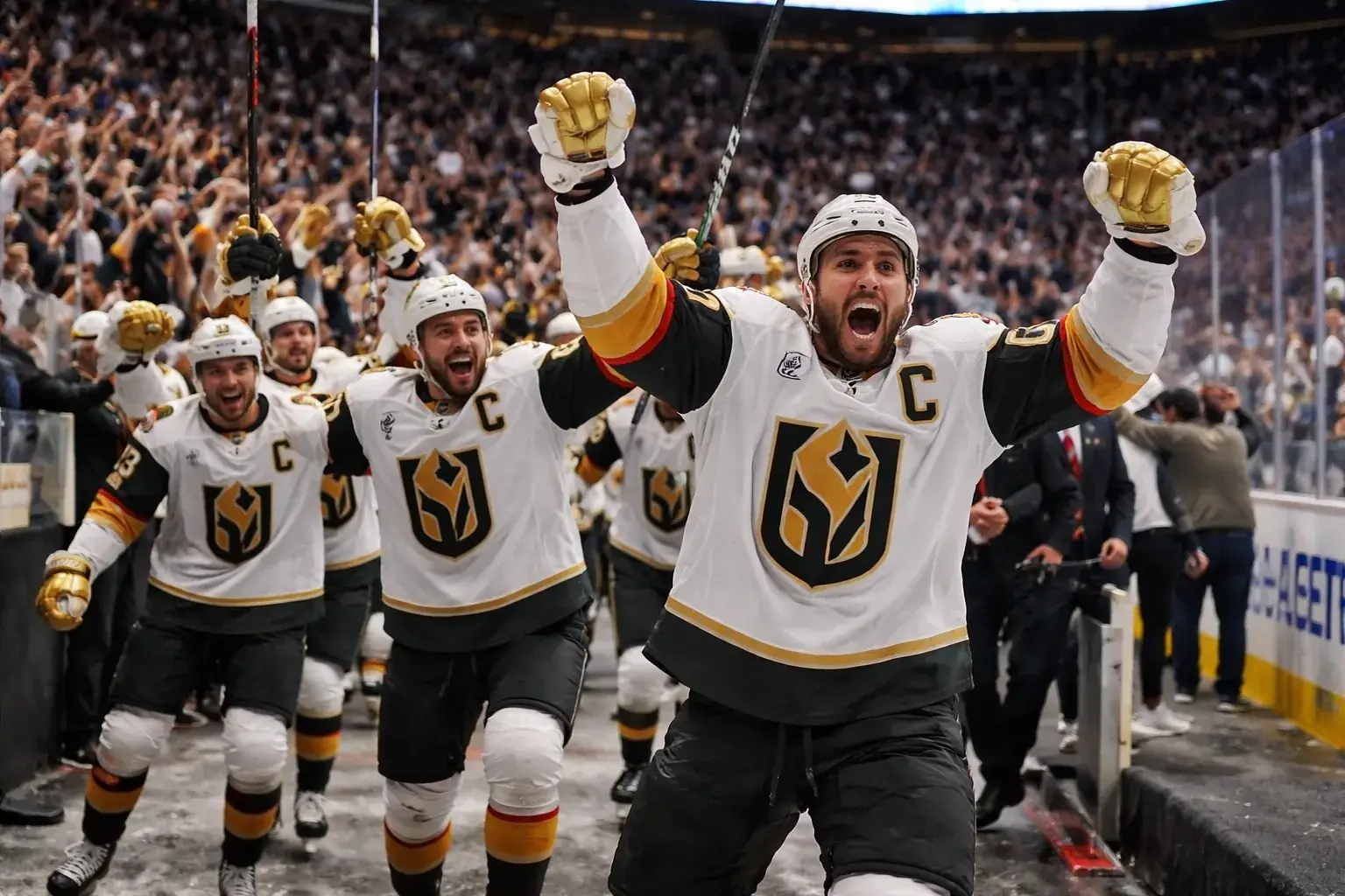 Vegas Golden Knights players celebrate on the ice after winning the Western Conference championship.