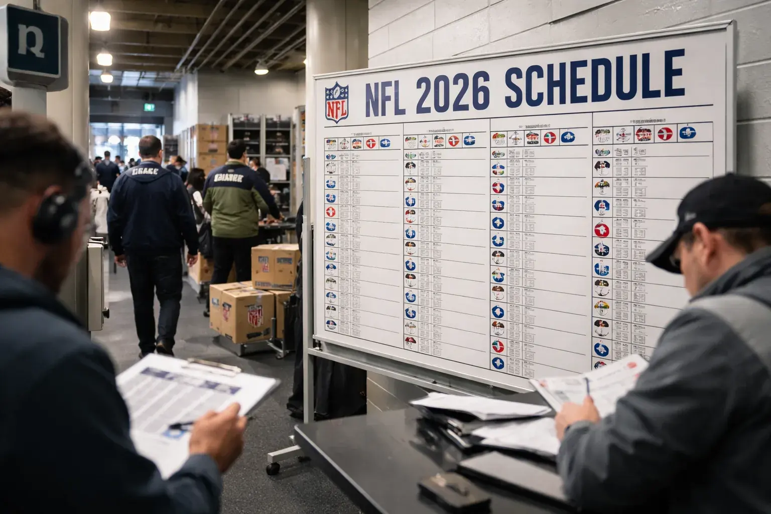 An NFL football on a turf field representing the upcoming 2026 season schedule release.