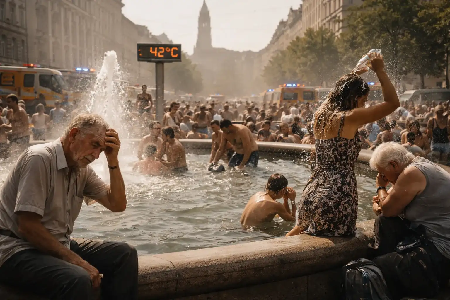 People cooling off in a fountain in front of the Berlin Cathedral during a record-breaking heatwave.