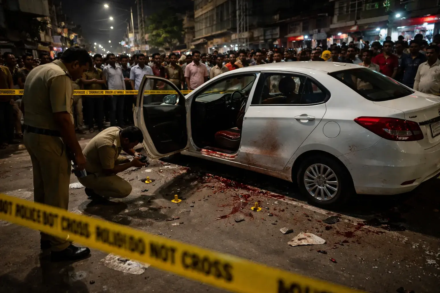 A car used in the crime scene in West Bengal with police investigation markers.