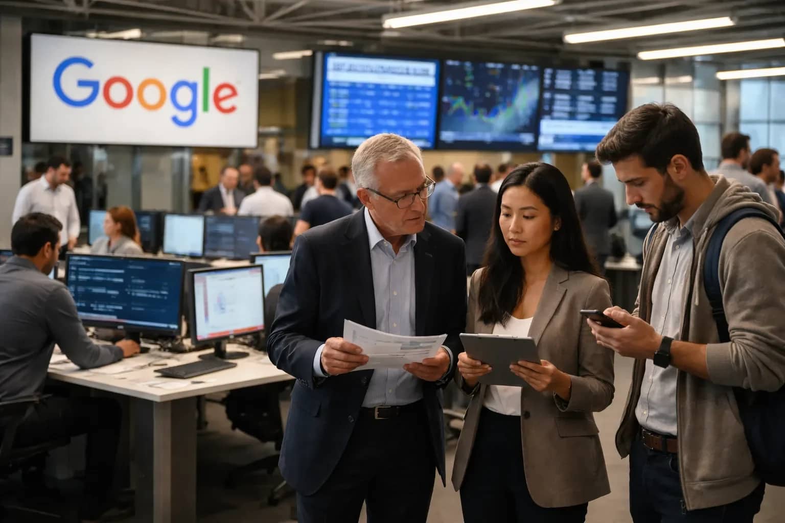 Alphabet logo and AI data center visualization