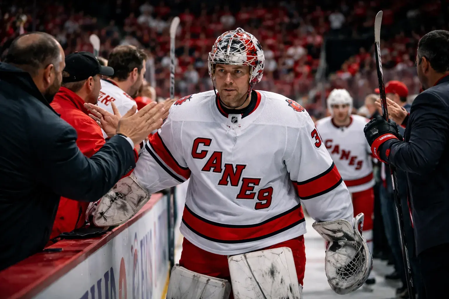 Frederik Andersen of the Carolina Hurricanes celebrates after a playoff game.