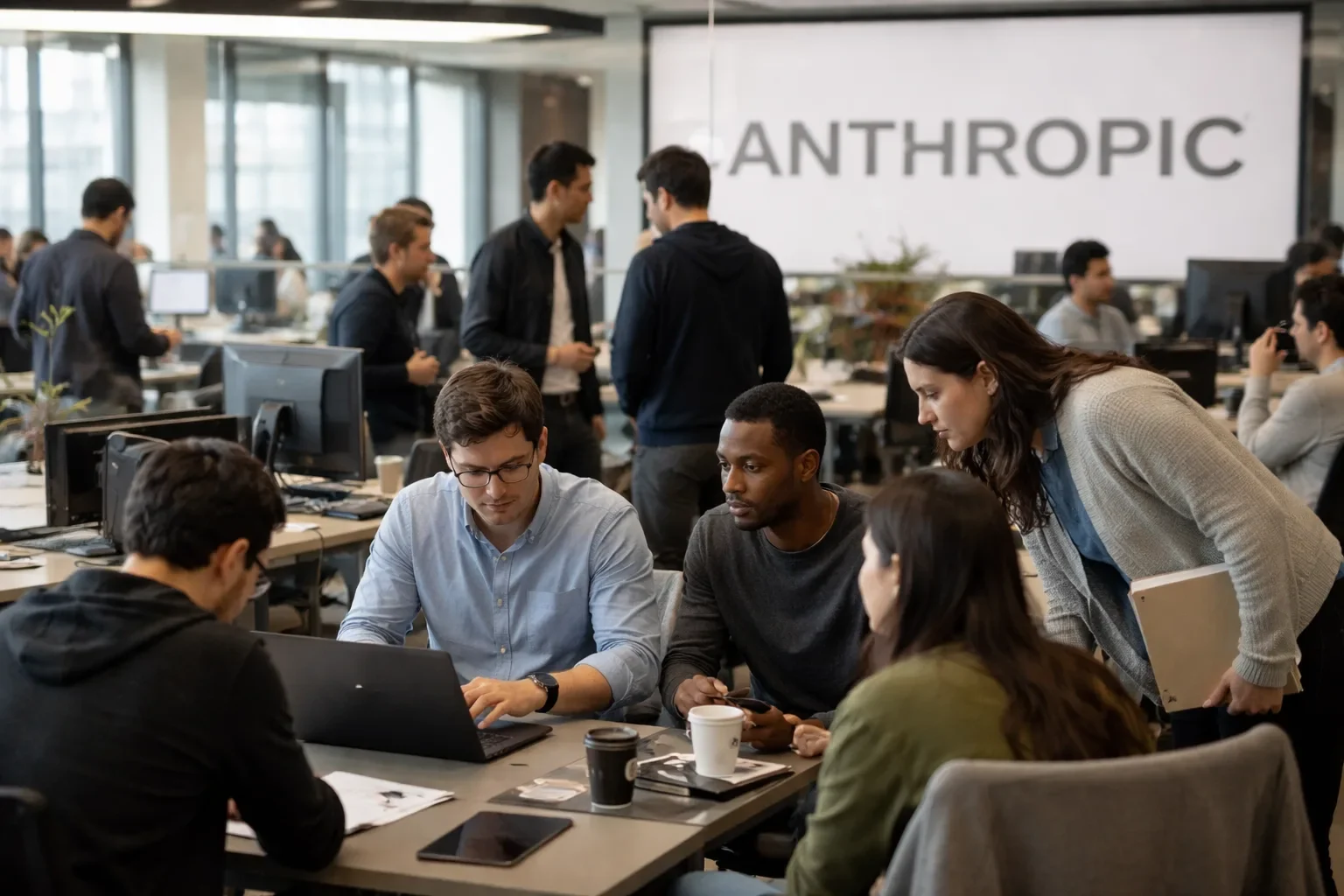 Anthropic office signage and Bloomberg terminal data visualization
