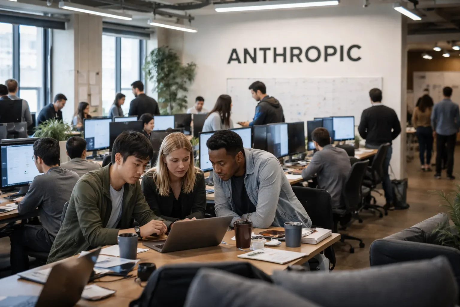 The Anthropic logo and Claude branding displayed on digital screens in a corporate setting.