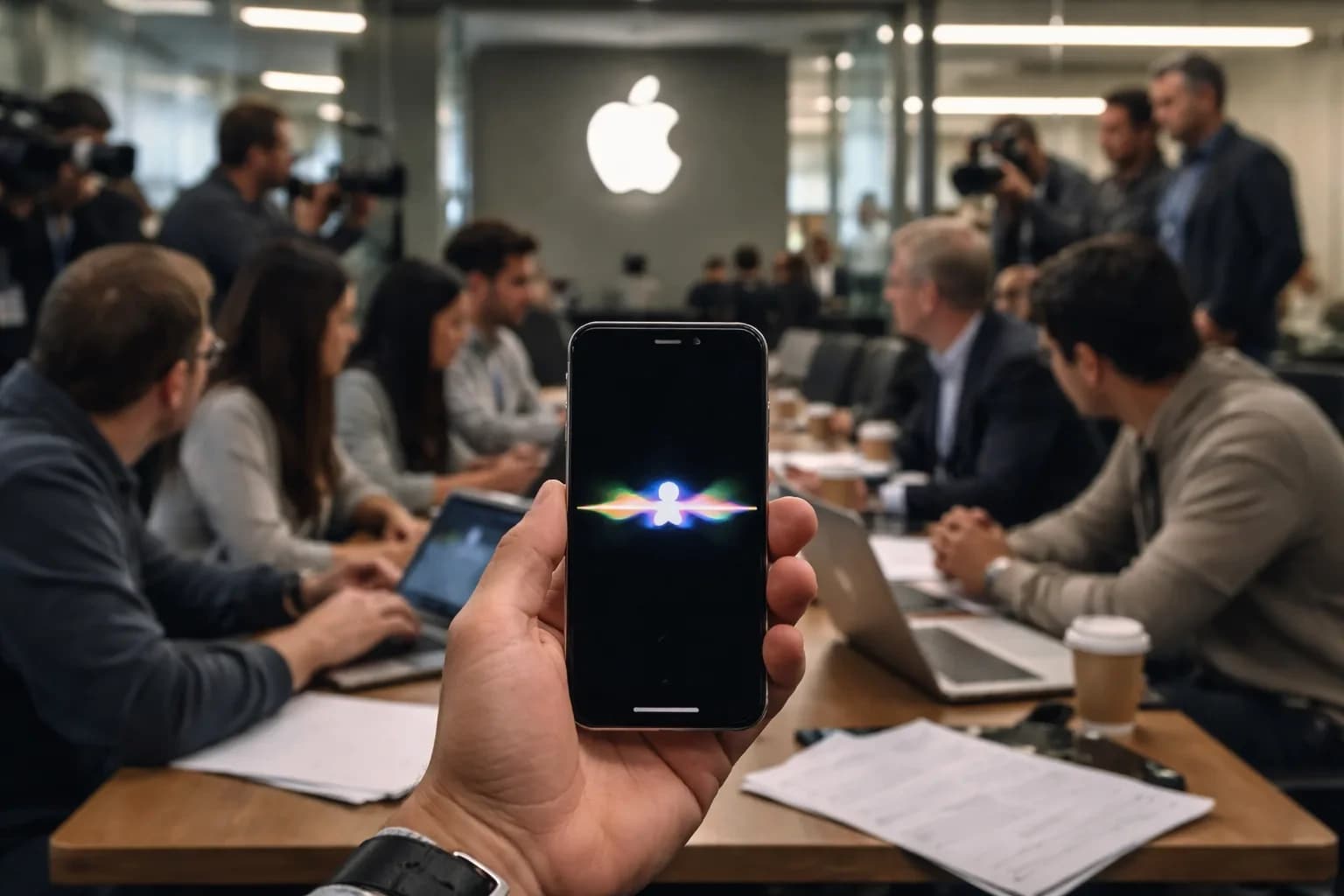 An iPhone 15 displaying the Siri interface logo.
