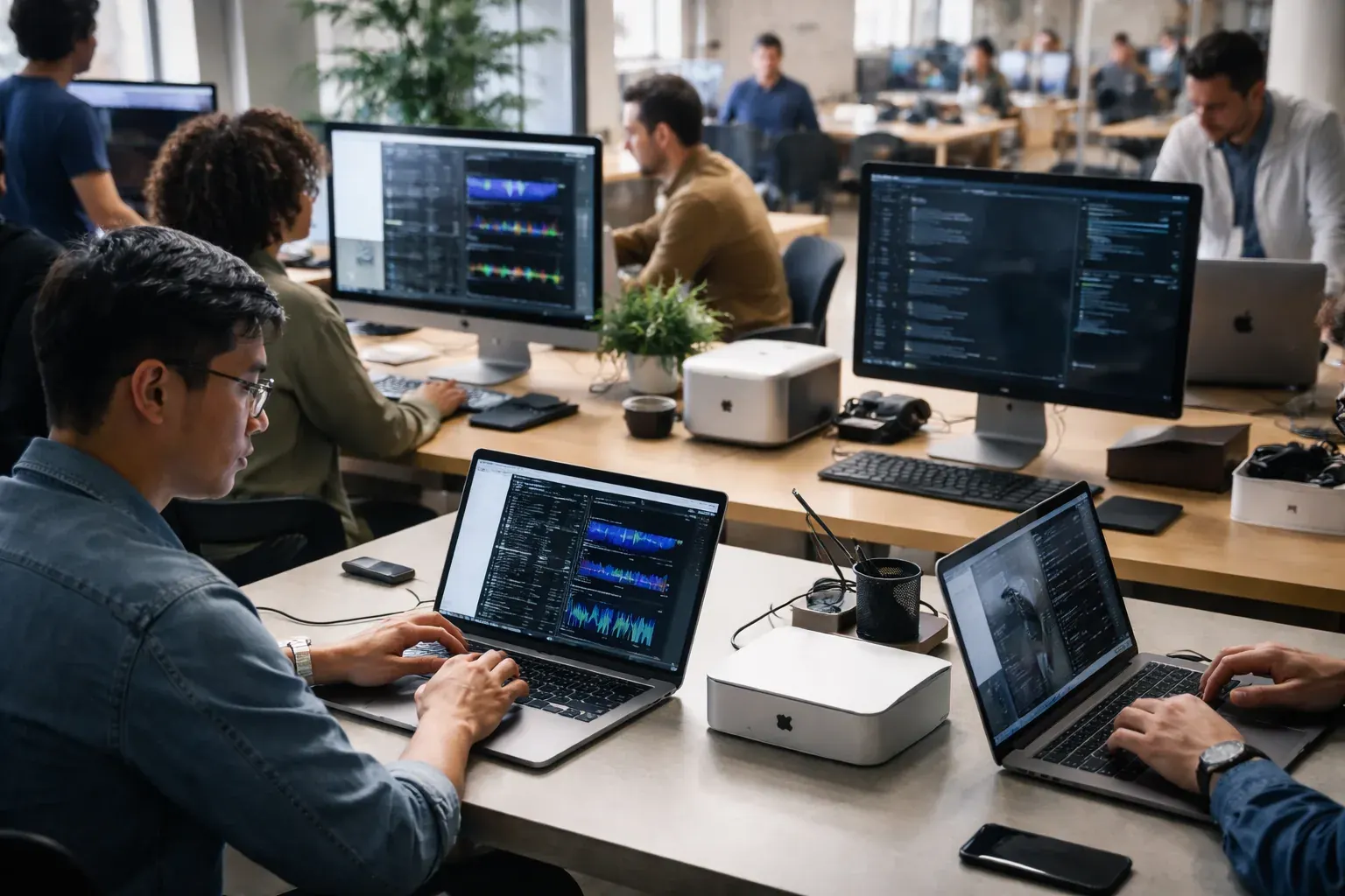 A modern Apple Mac Studio and Mac mini setup used for artificial intelligence development and local model processing.