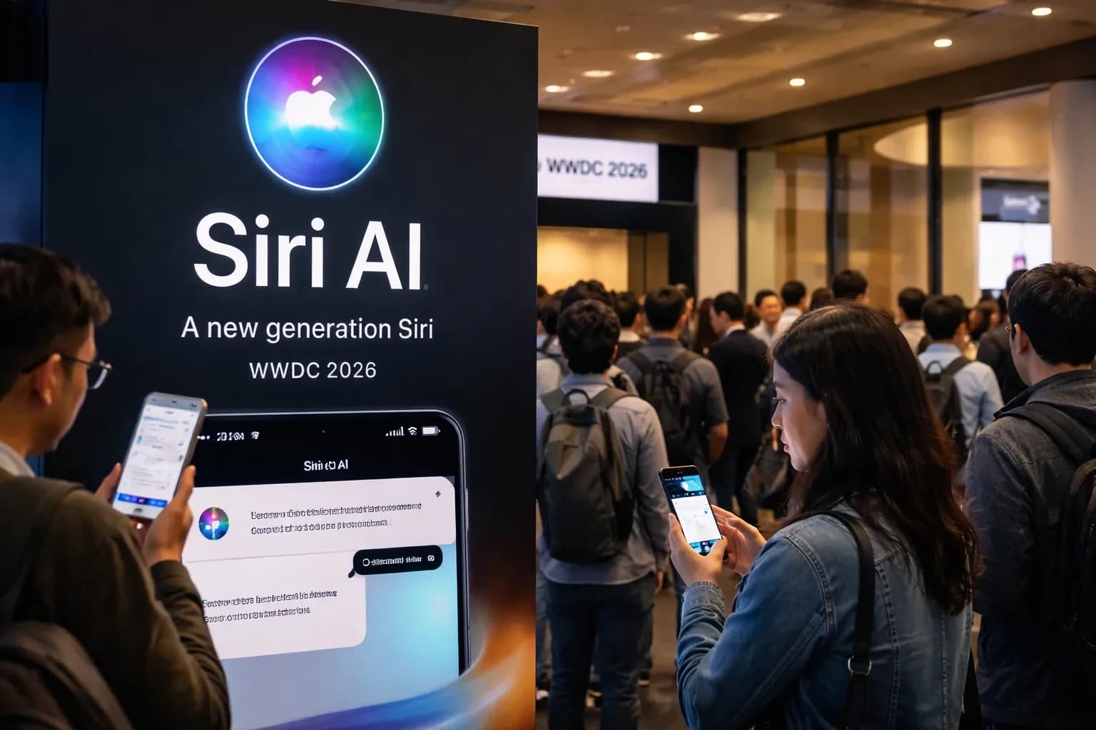 Apple logo with AI-themed background and Siri interface elements.