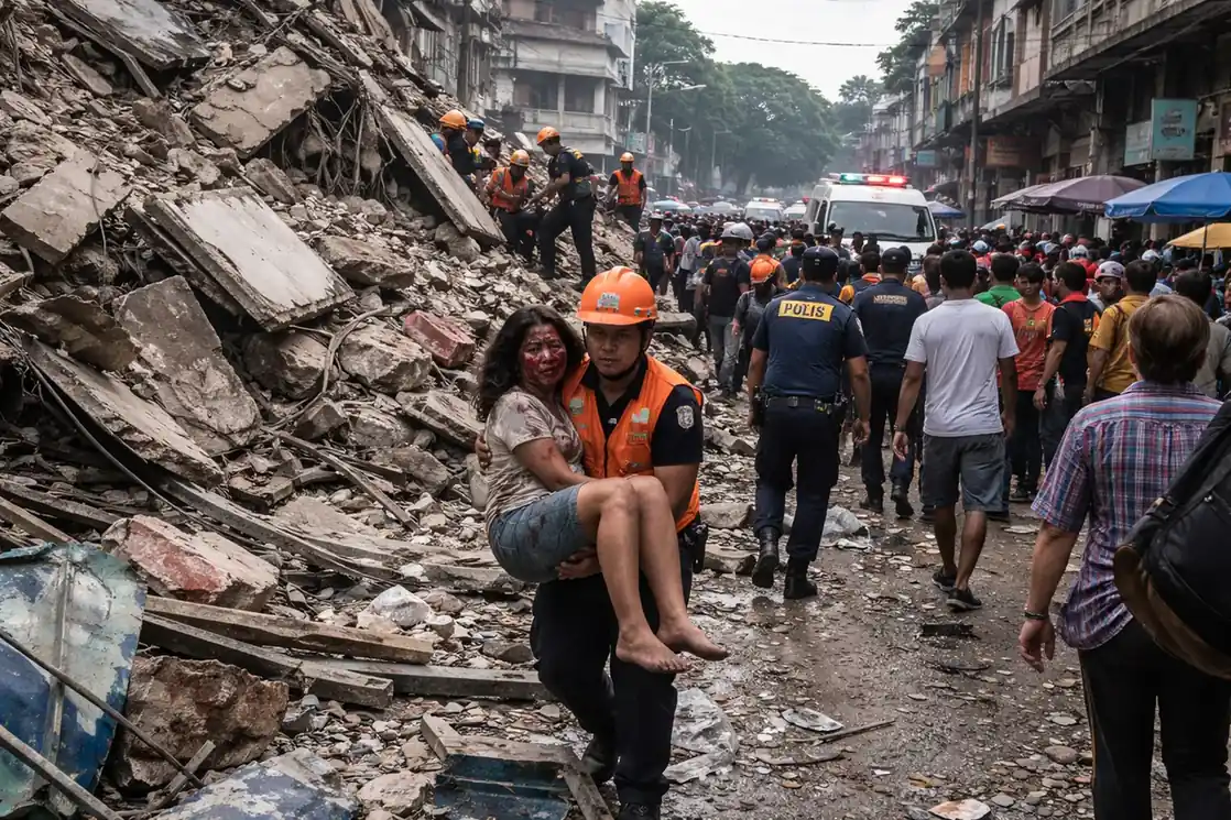 The rubble of a collapsed building in the southern Philippines following a major magnitude 7.8 earthquake.
