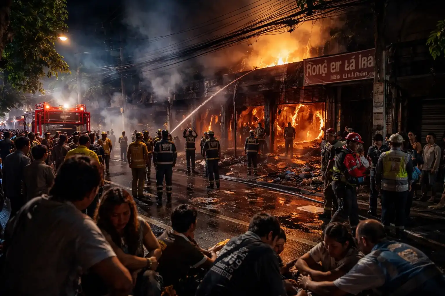 Emergency responders and fire crews at the scene of the Rong Beer Na Lat Phrao fire in Bangkok