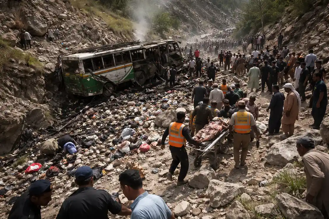 A badly damaged passenger bus sits at the bottom of a rocky ravine in the Dana Sar mountain range in Pakistan.