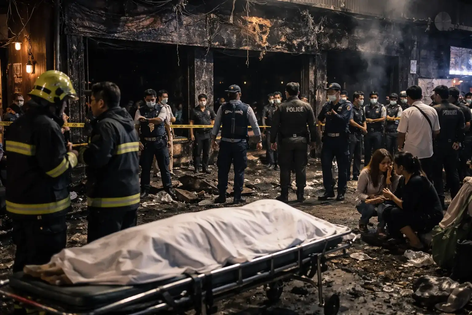 Emergency responders and investigators at the scene of the Rong Beer Na Lat Phrao bar fire in Bangkok.