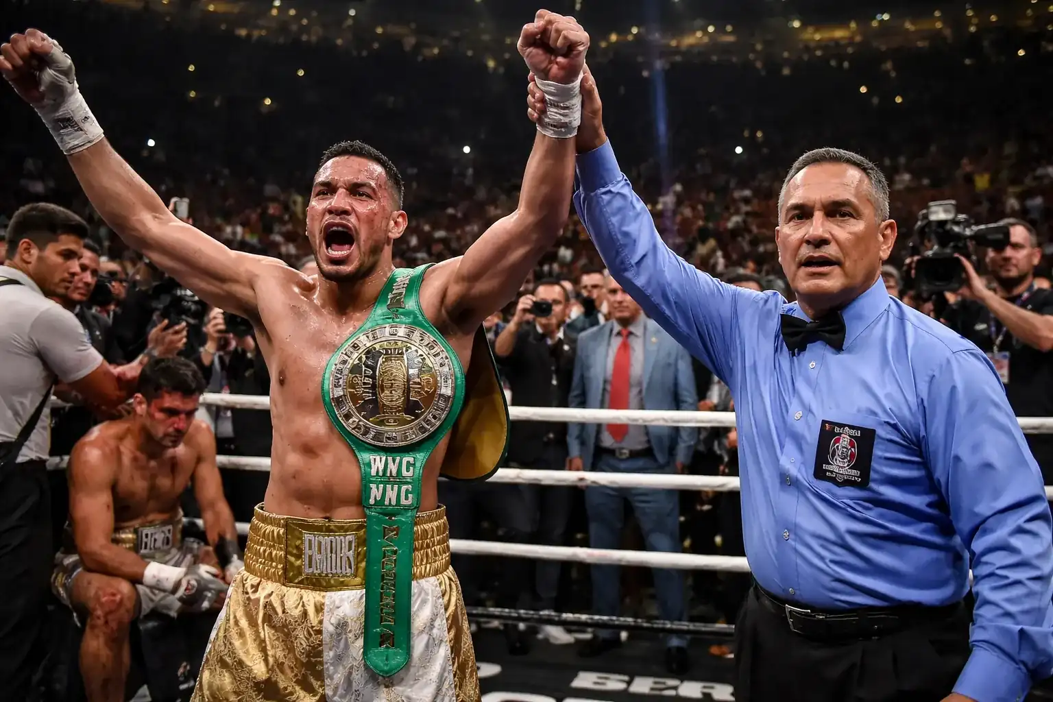 David Benavidez celebrates his TKO victory over Gilberto Ramirez