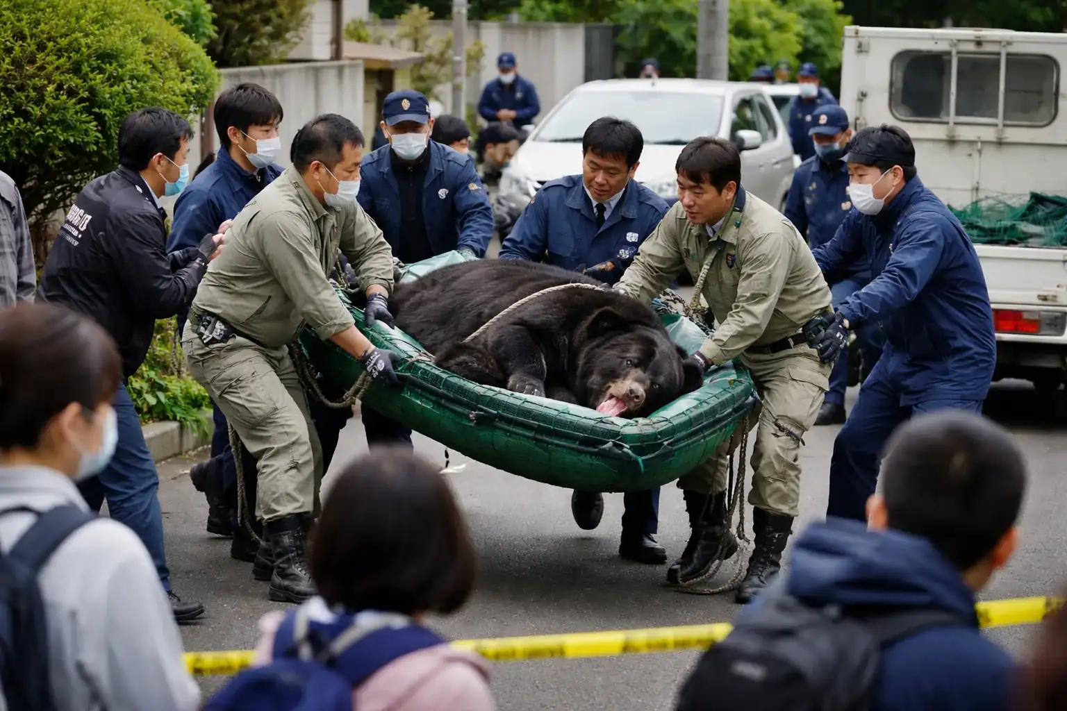 A black bear roaming a residential area in Japan near Utsunomiya.