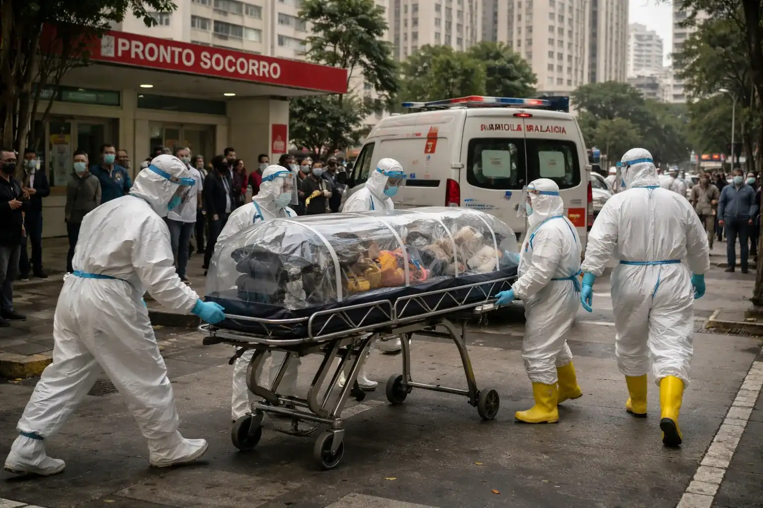 Medical professionals in biohazard suits prepared for infectious disease containment.