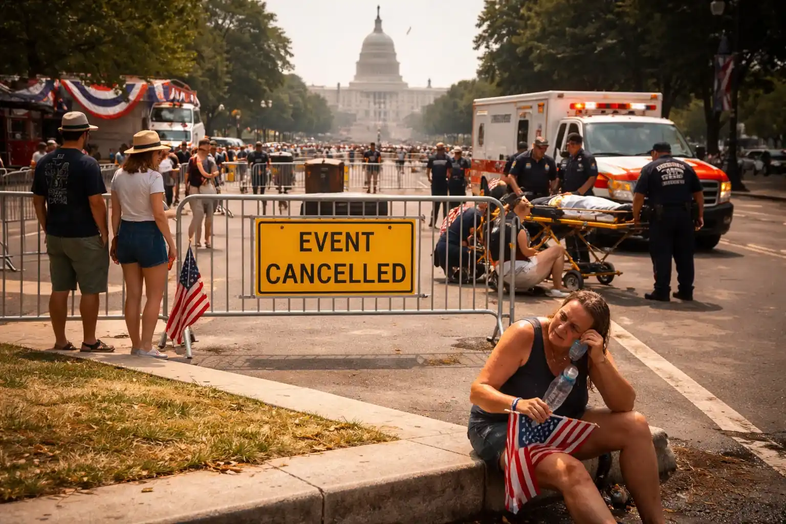 Electronic signage at the National Mall in Washington DC displays 'Event Postponed' due to extreme heat during the Great American State Fair.
