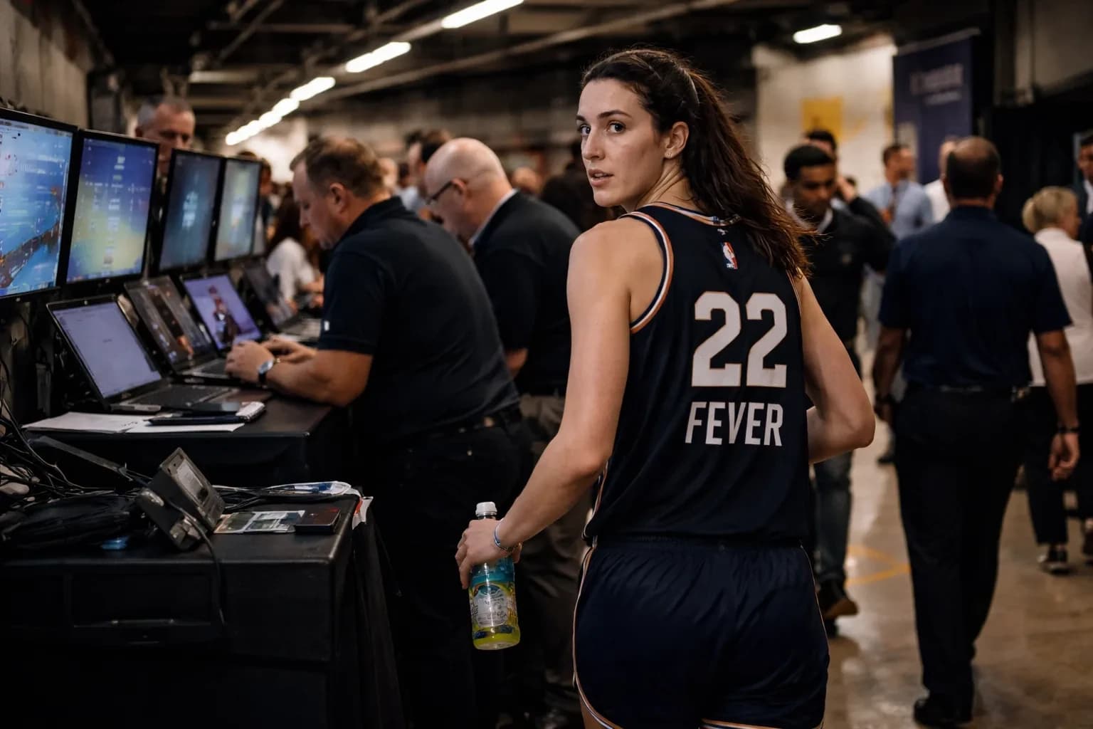 Caitlin Clark of the Indiana Fever looking toward the scoreboard during a WNBA game.