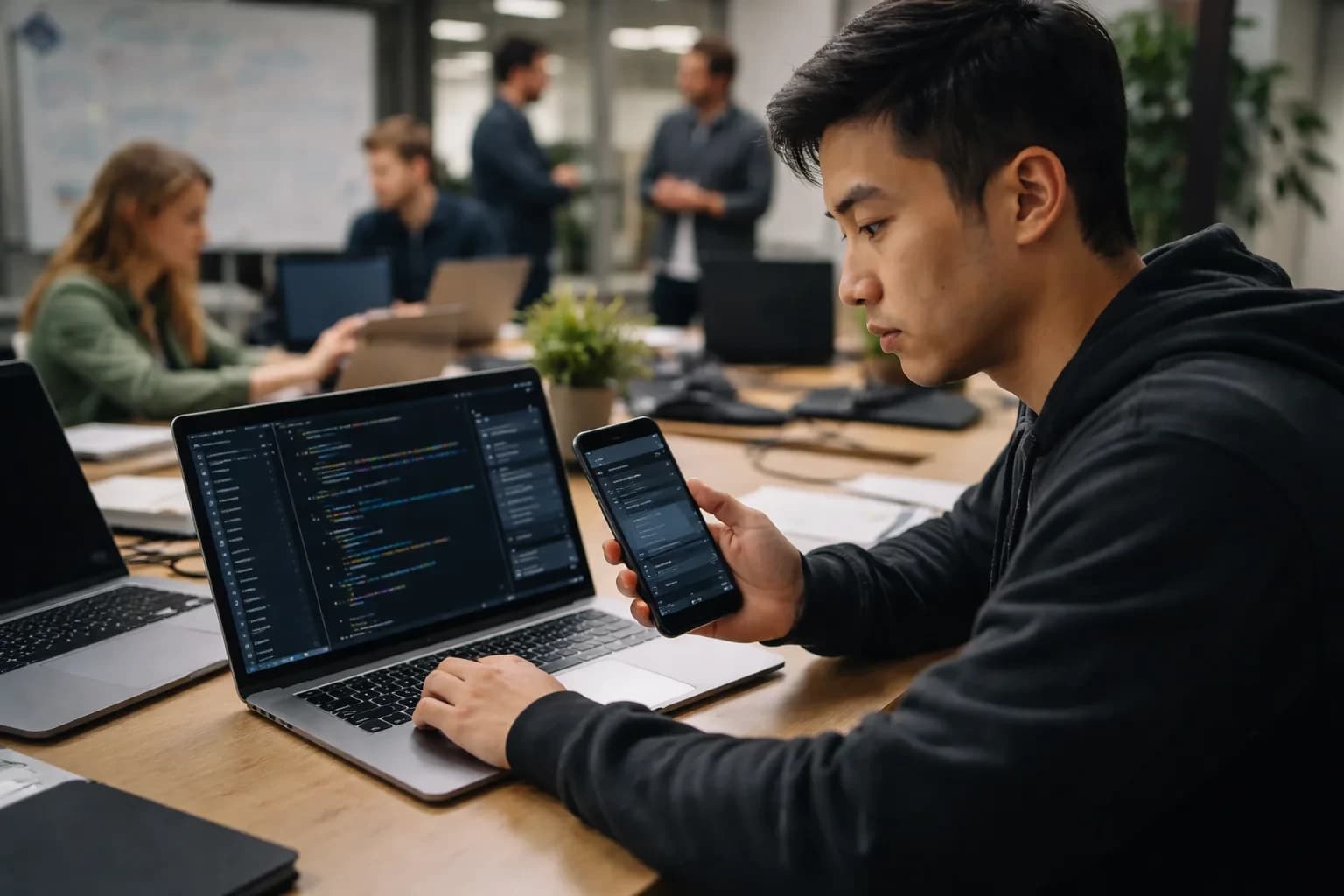 A developer using a smartphone to manage AI coding agents while away from a desk.
