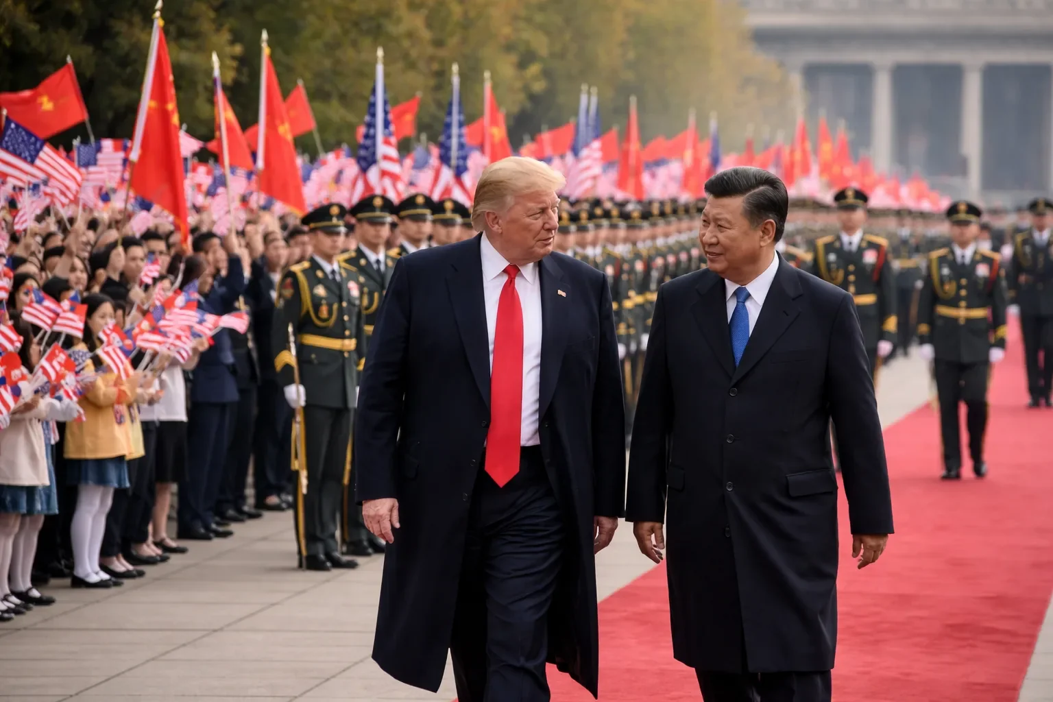 Donald Trump and Xi Jinping during a ceremonial greeting in Beijing