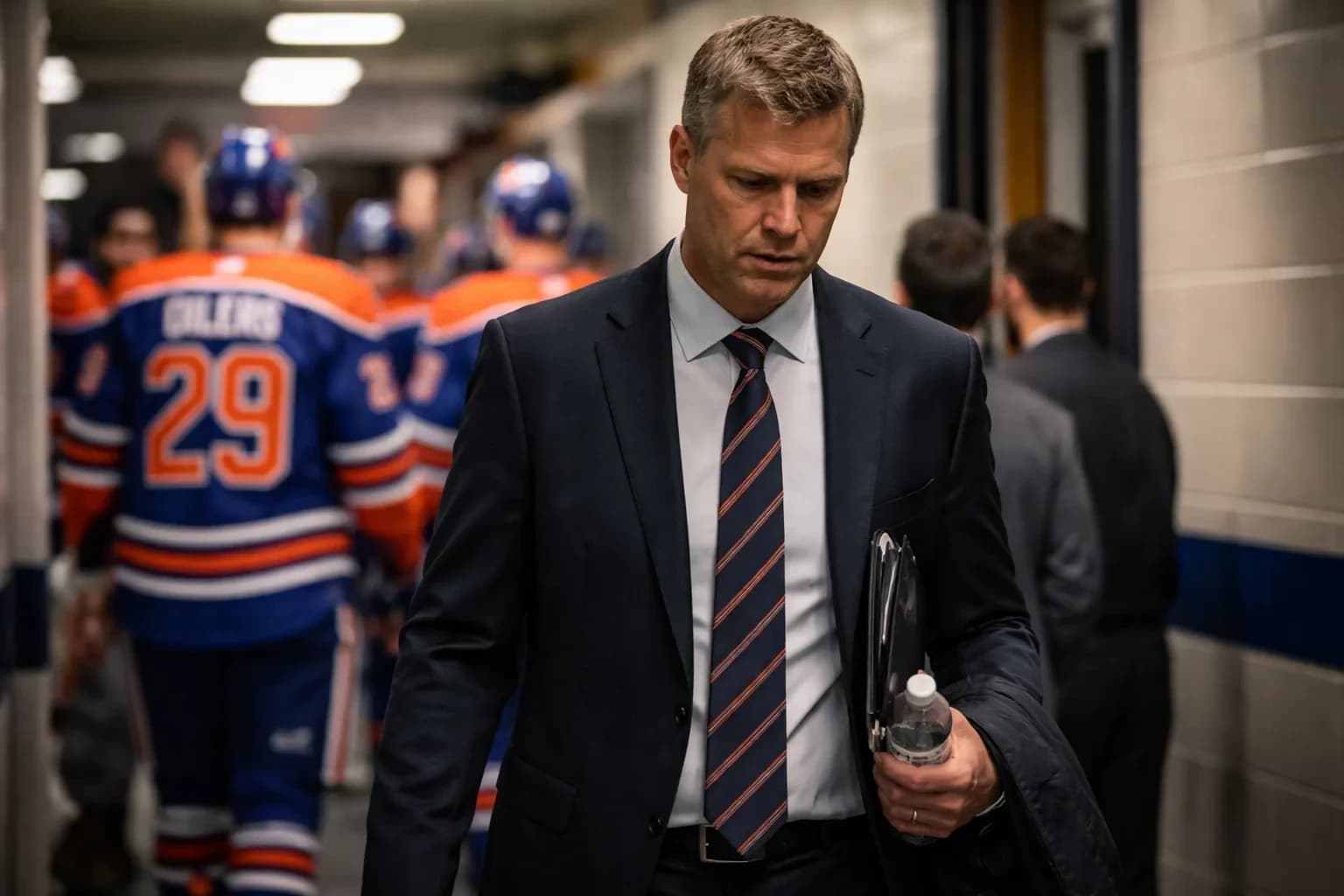 Kris Knoblauch on the Edmonton Oilers bench during a game.