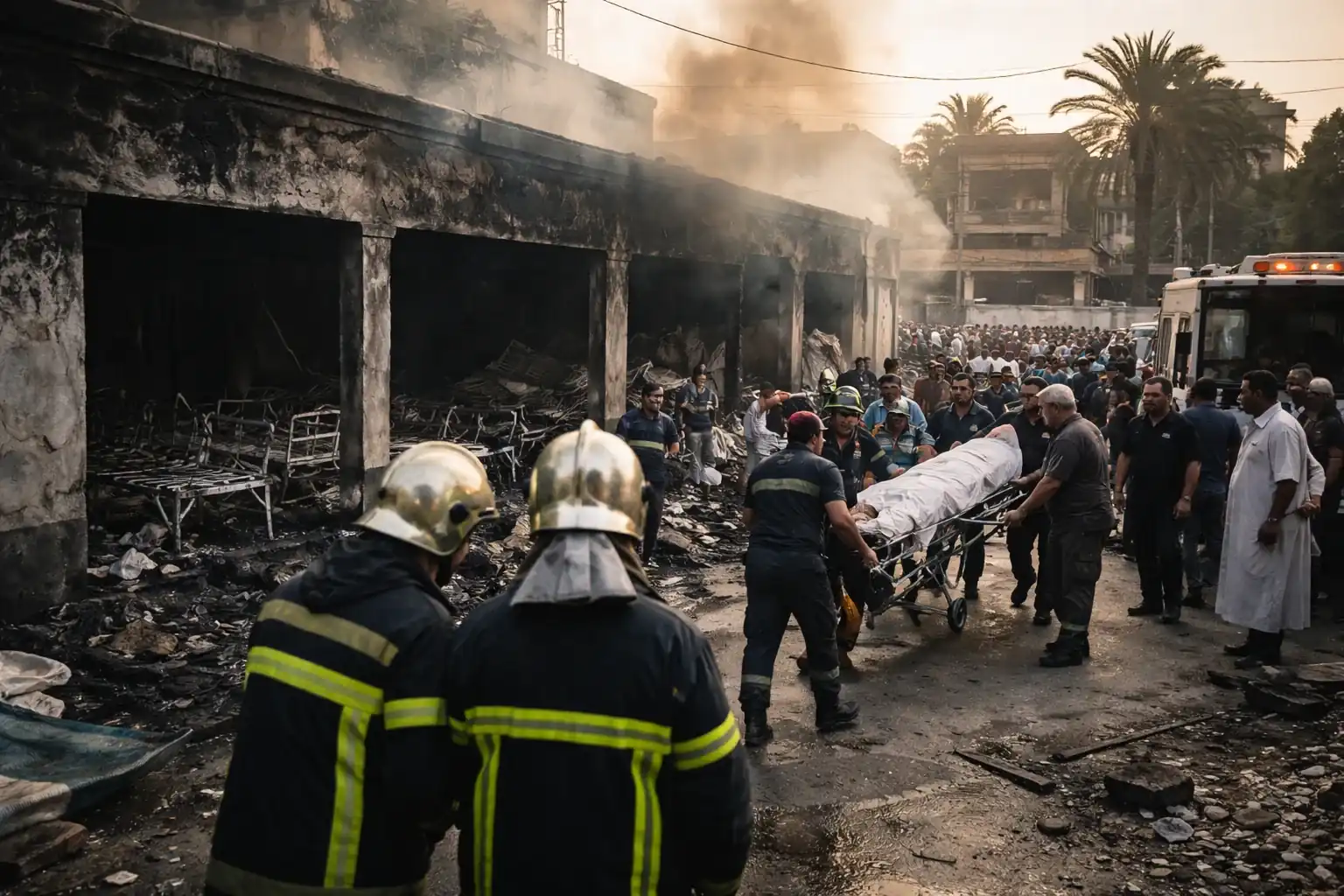 Algerian firefighters and ambulances at the scene of the foster care home fire in Algiers.