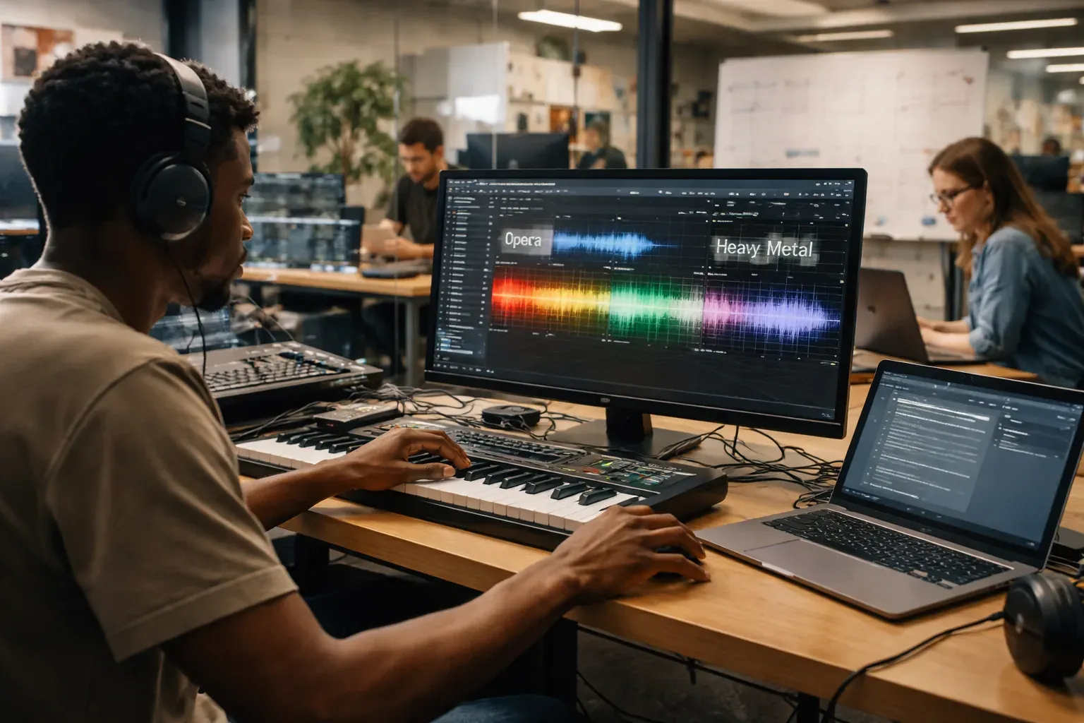 ElevenLabs AI music generation interface showing genre transitions