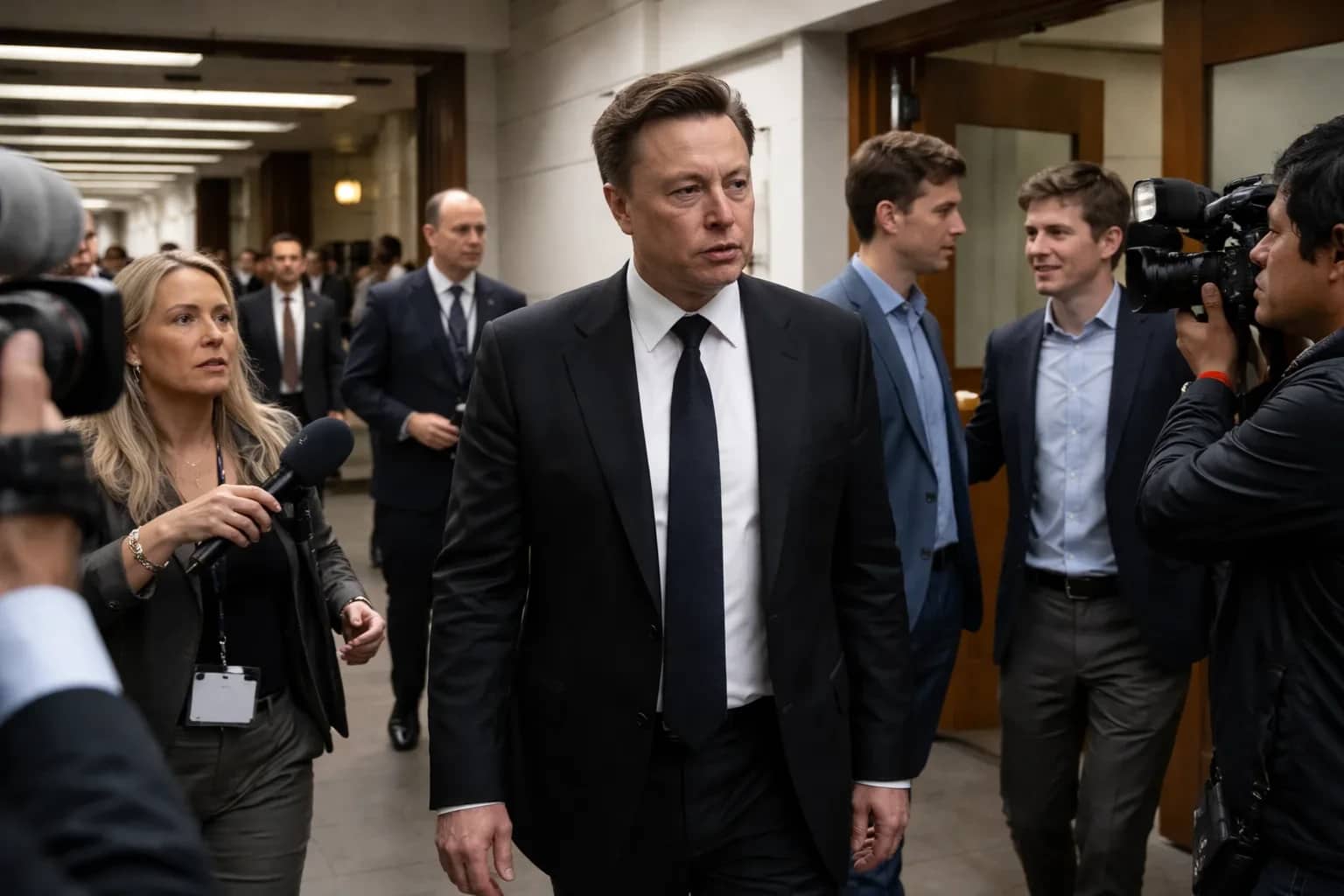 Elon Musk stands before a crowd at a business conference.