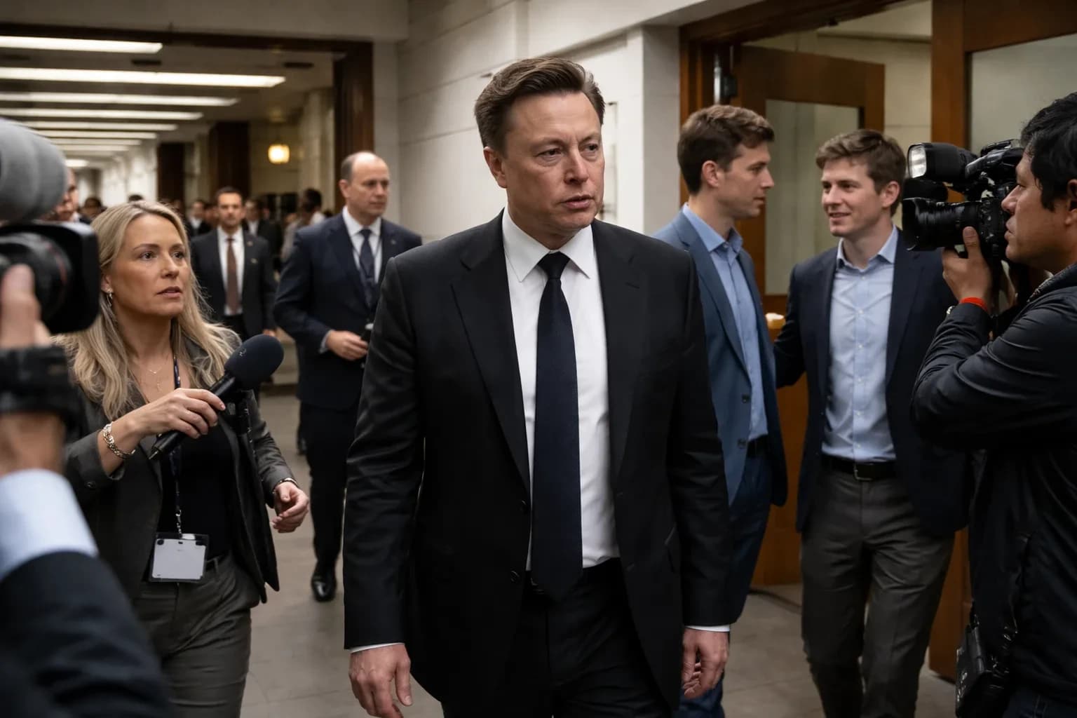 Elon Musk stands before a crowd at a business conference.